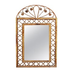 Italian Oval Burnt Bamboo Rattan Scrolled Tortoise Mirror After Franco Albini