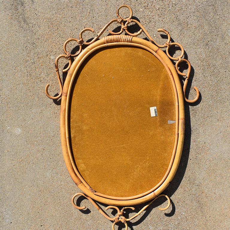 Chinoiserie Italian Oval Burnt Bamboo Rattan Scrolled Tortoise Mirror by Rosenthal Netter