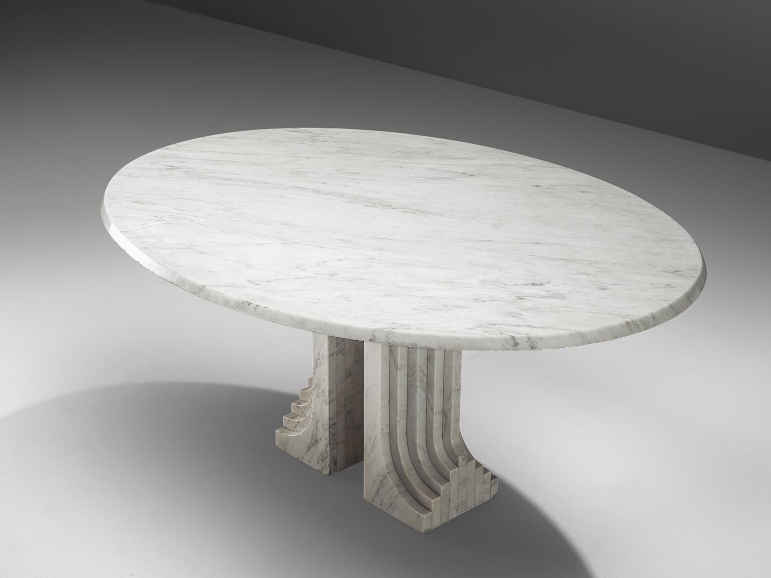 Mid-Century Modern Italian Oval Dining Table in White Marble