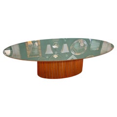 Italian Oval Dining Table with Fluted Wood Base, 1970s