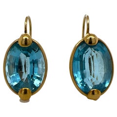 Italian Oval Faceted Blue Topaz 18 Karat Yellow Gold Drop Earrings