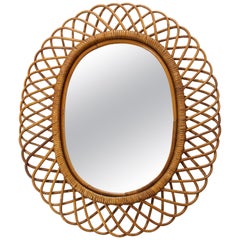 Italian Oval Framed Rattan and Bamboo Mirror by Bonacina, 1960s
