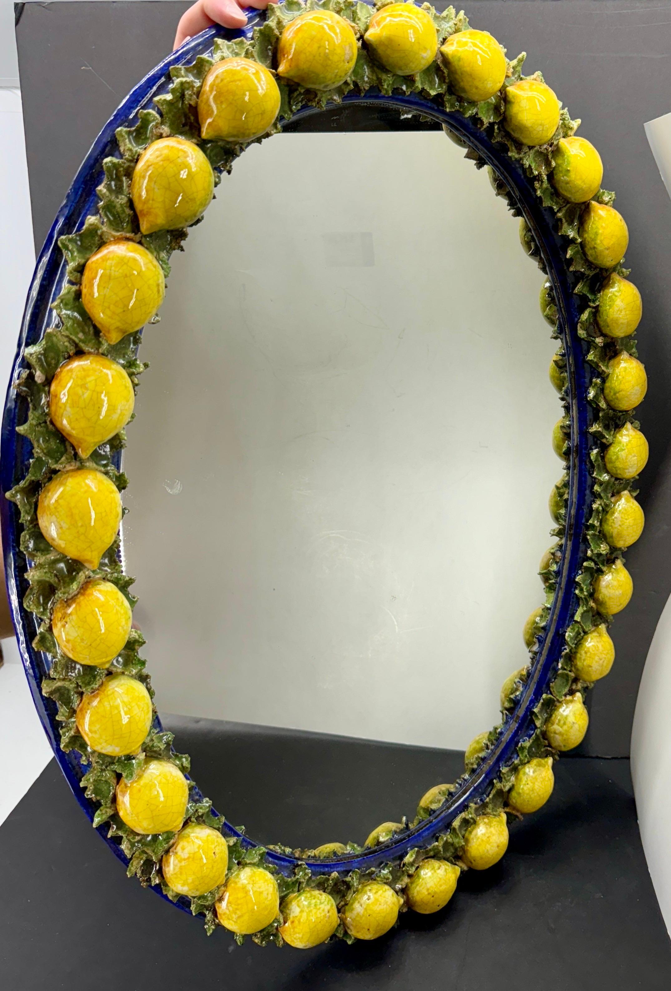 Italian Oval Majolica Mirror with Lemons Mid 20th Century 4