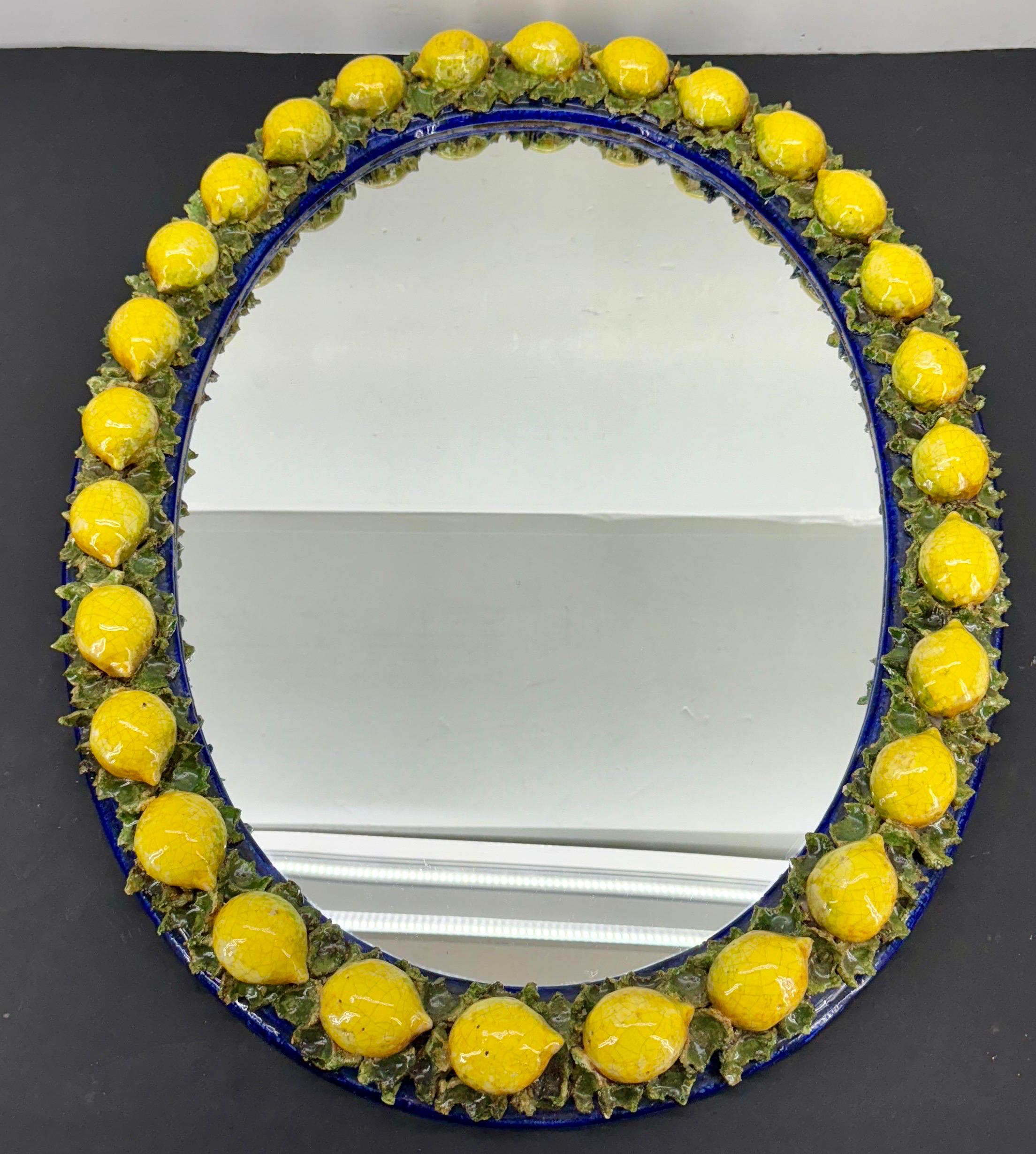 Italian Oval Majolica Mirror with Lemons Mid 20th Century 5