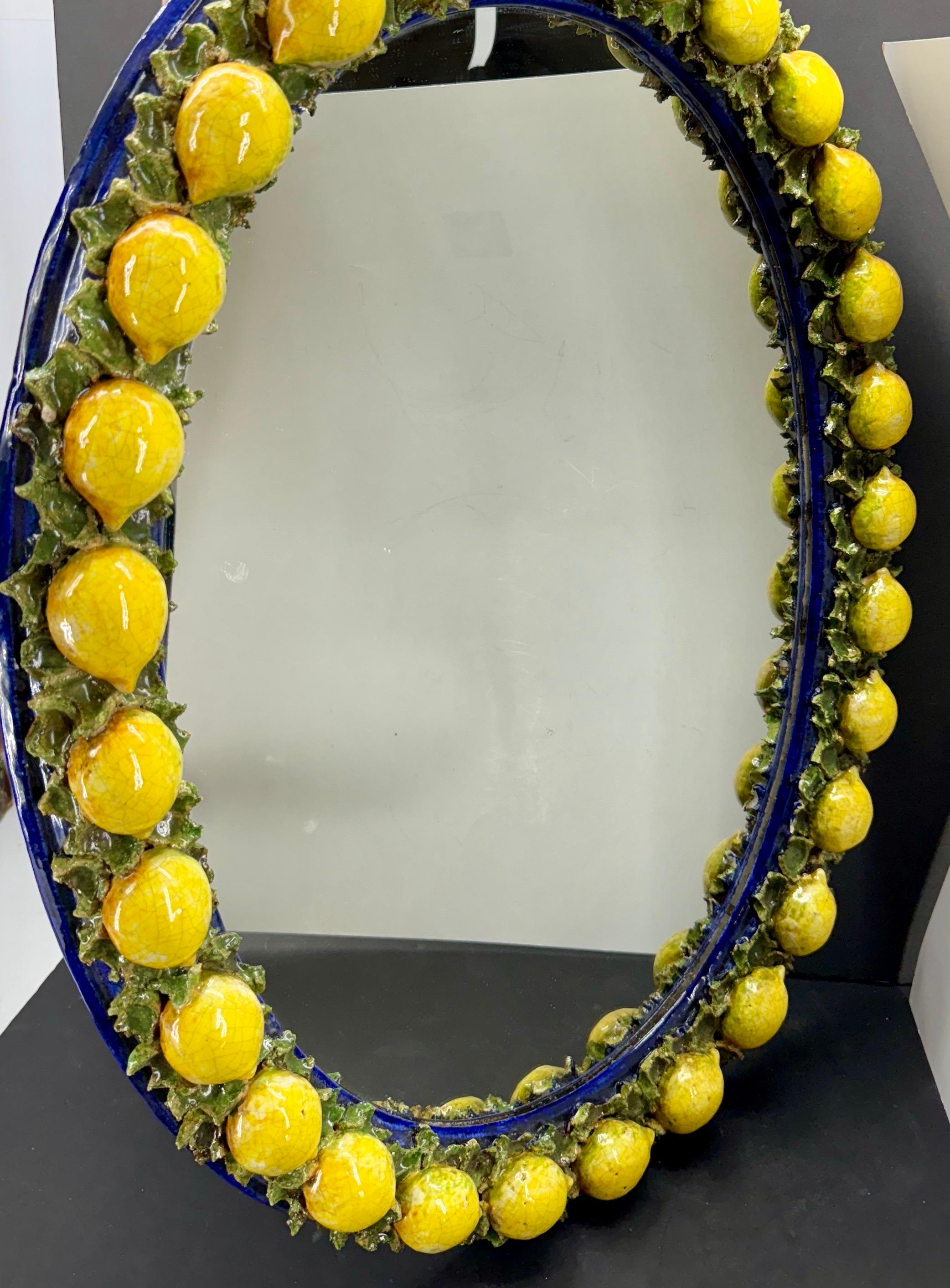 Italian Oval Majolica Mirror with Lemons Mid 20th Century 11