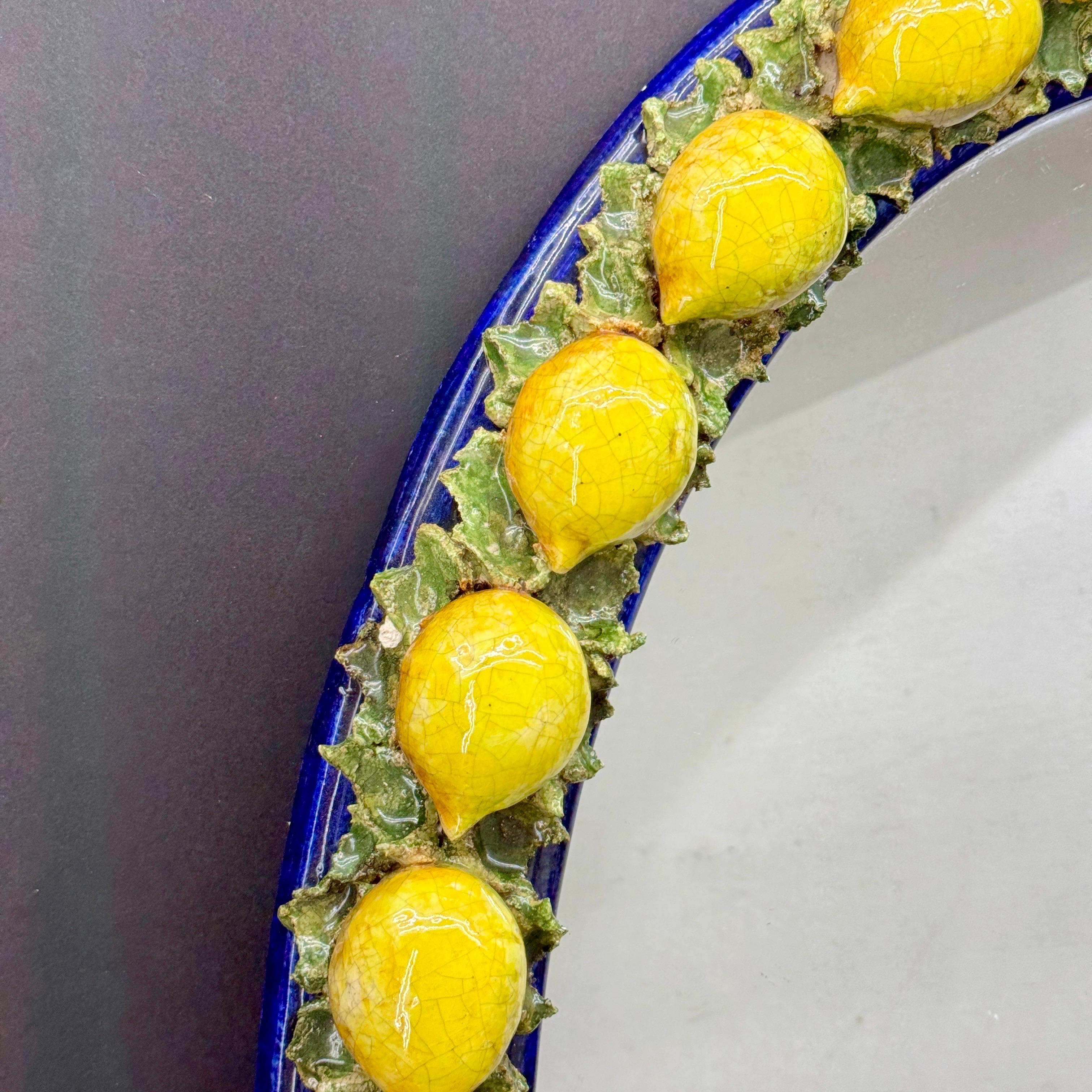 Mid-Century Modern Italian Oval Majolica Mirror with Lemons Mid 20th Century