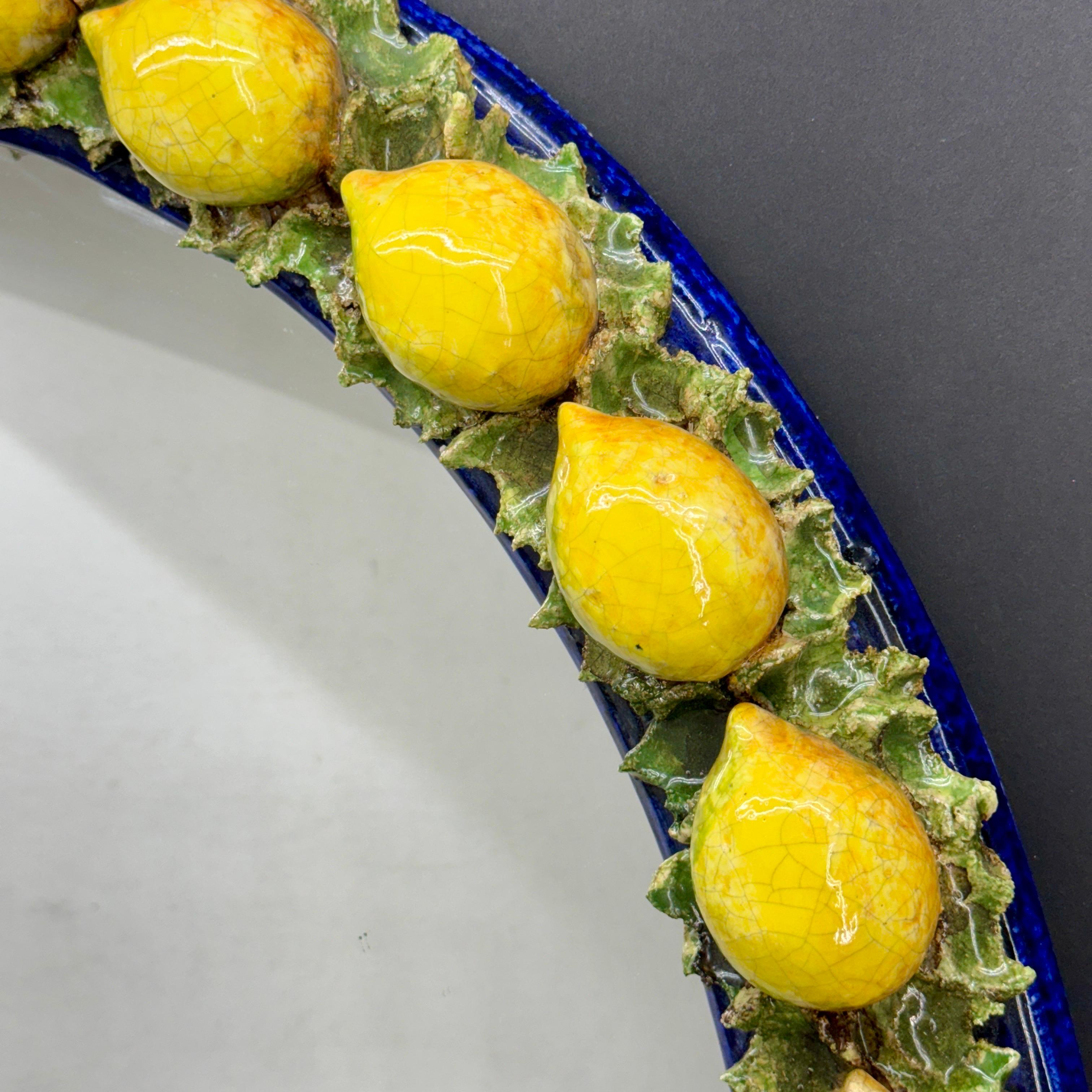 Hand-Crafted Italian Oval Majolica Mirror with Lemons Mid 20th Century