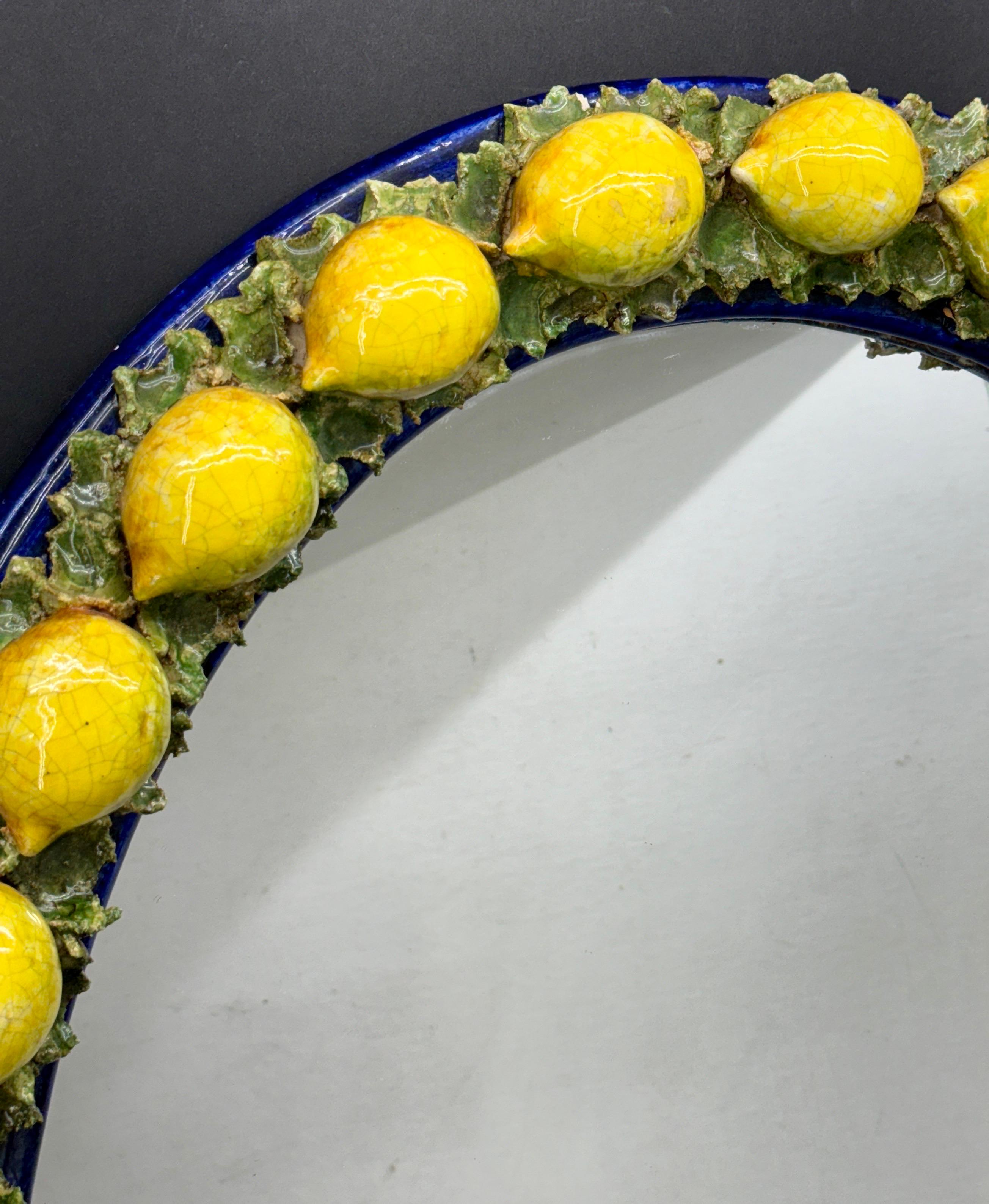 Ceramic Italian Oval Majolica Mirror with Lemons Mid 20th Century