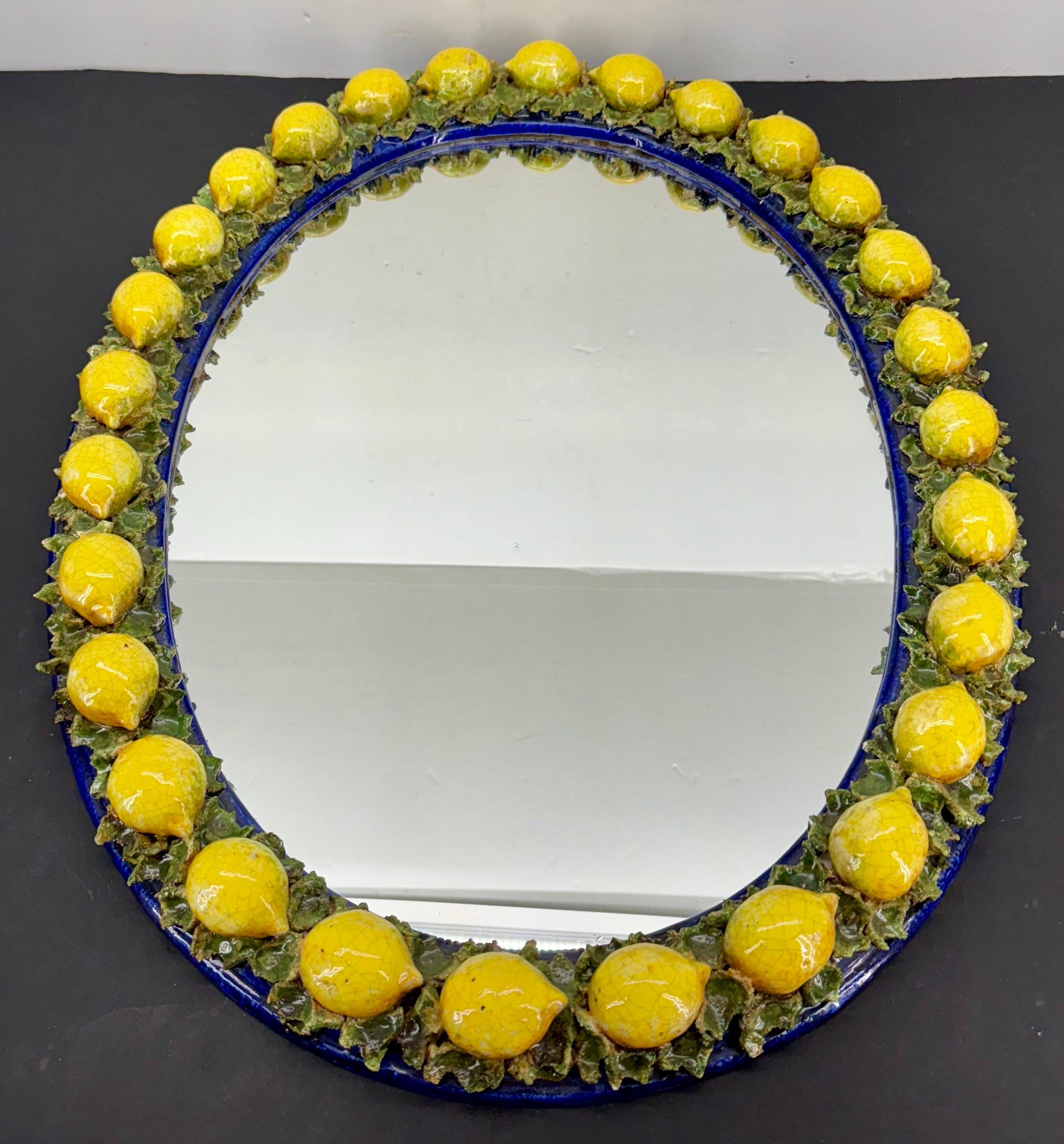 Italian Oval Majolica Mirror with Lemons Mid 20th Century 2
