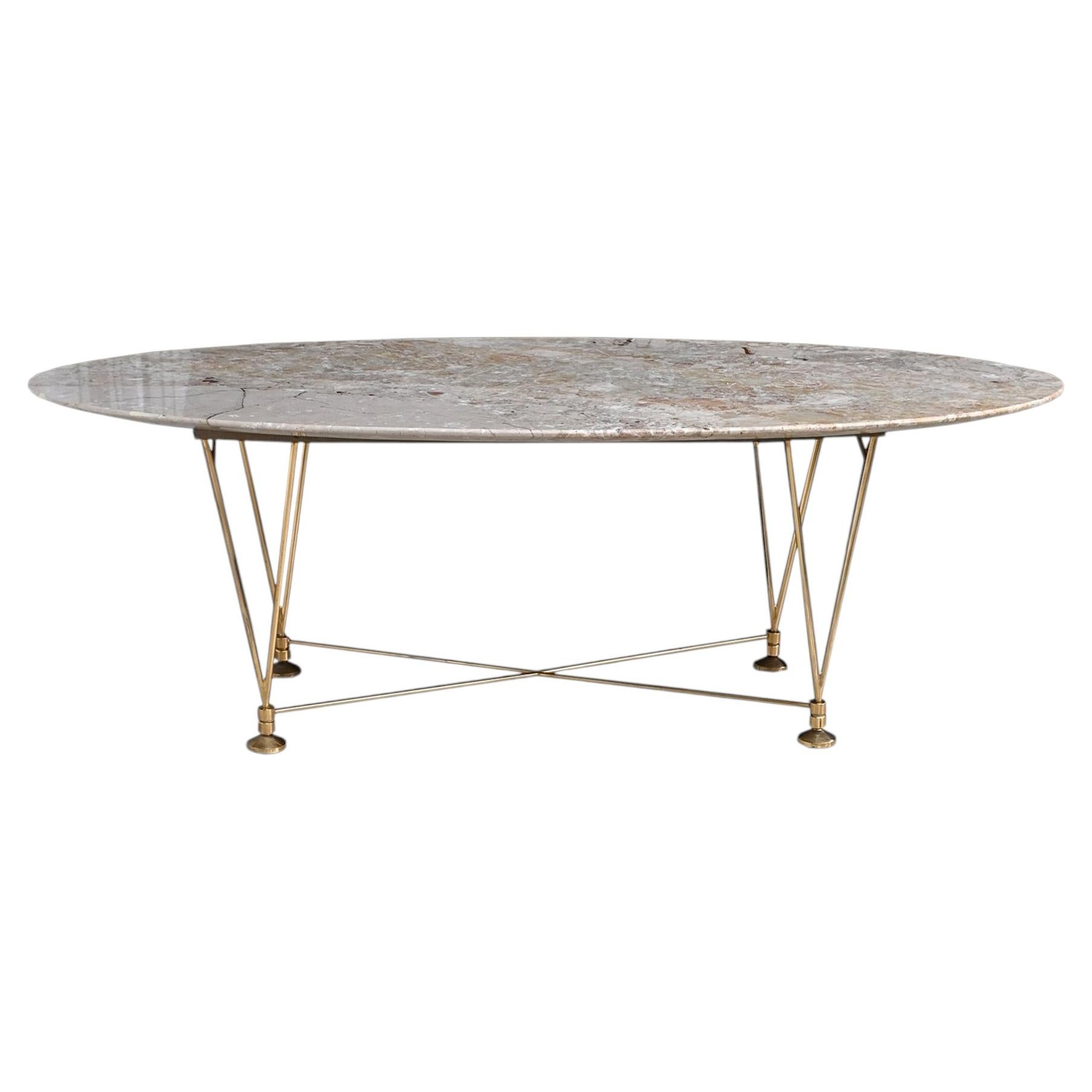 Italian Oval Marble Coffee Table with Brass Wire Base, circa 1960s