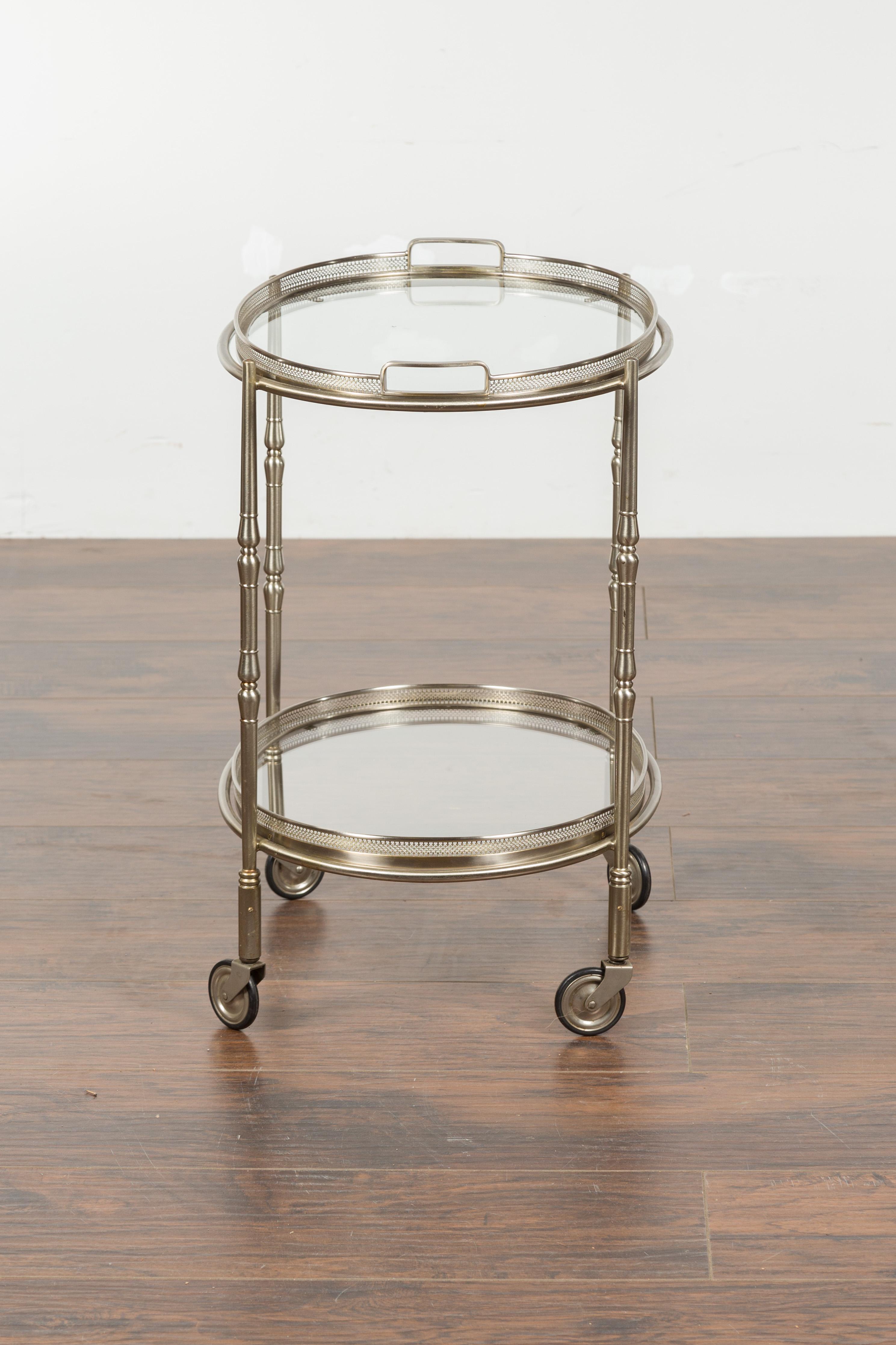 Italian Oval Midcentury Steel Trolley with Pierced Gallery and Mirrored Shelves For Sale 7