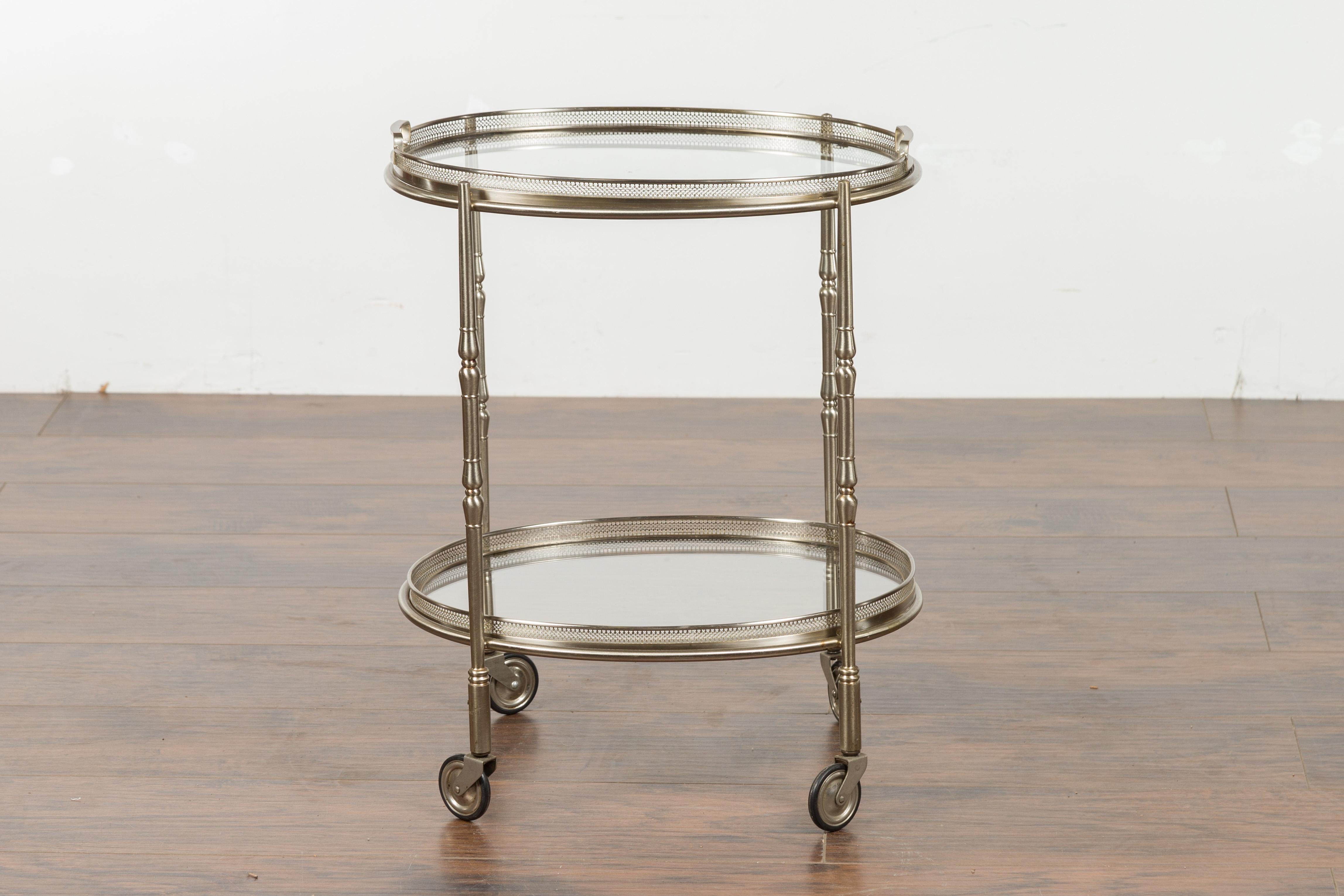 Italian Oval Midcentury Steel Trolley with Pierced Gallery and Mirrored Shelves For Sale 9