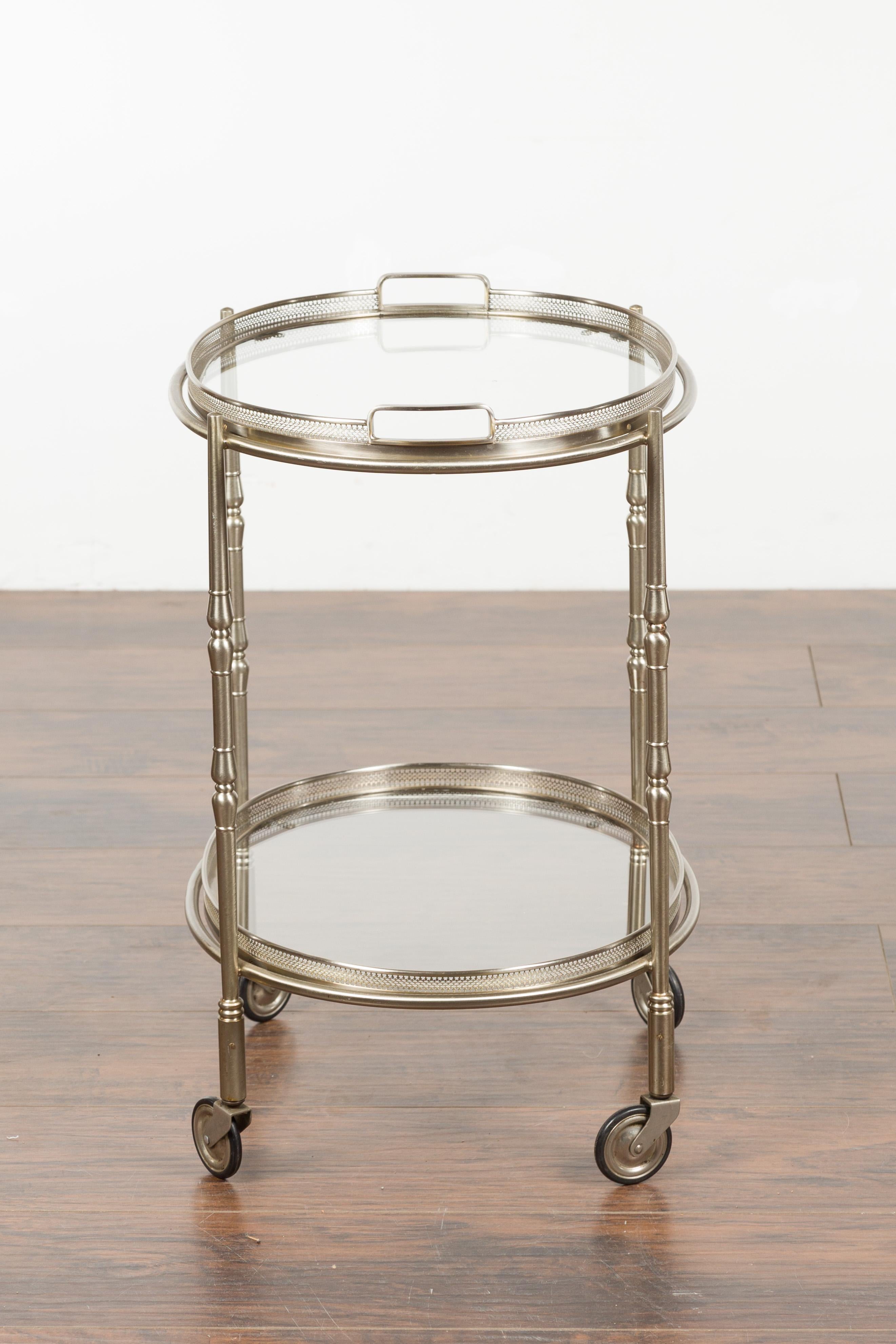 Italian Oval Midcentury Steel Trolley with Pierced Gallery and Mirrored Shelves For Sale 10