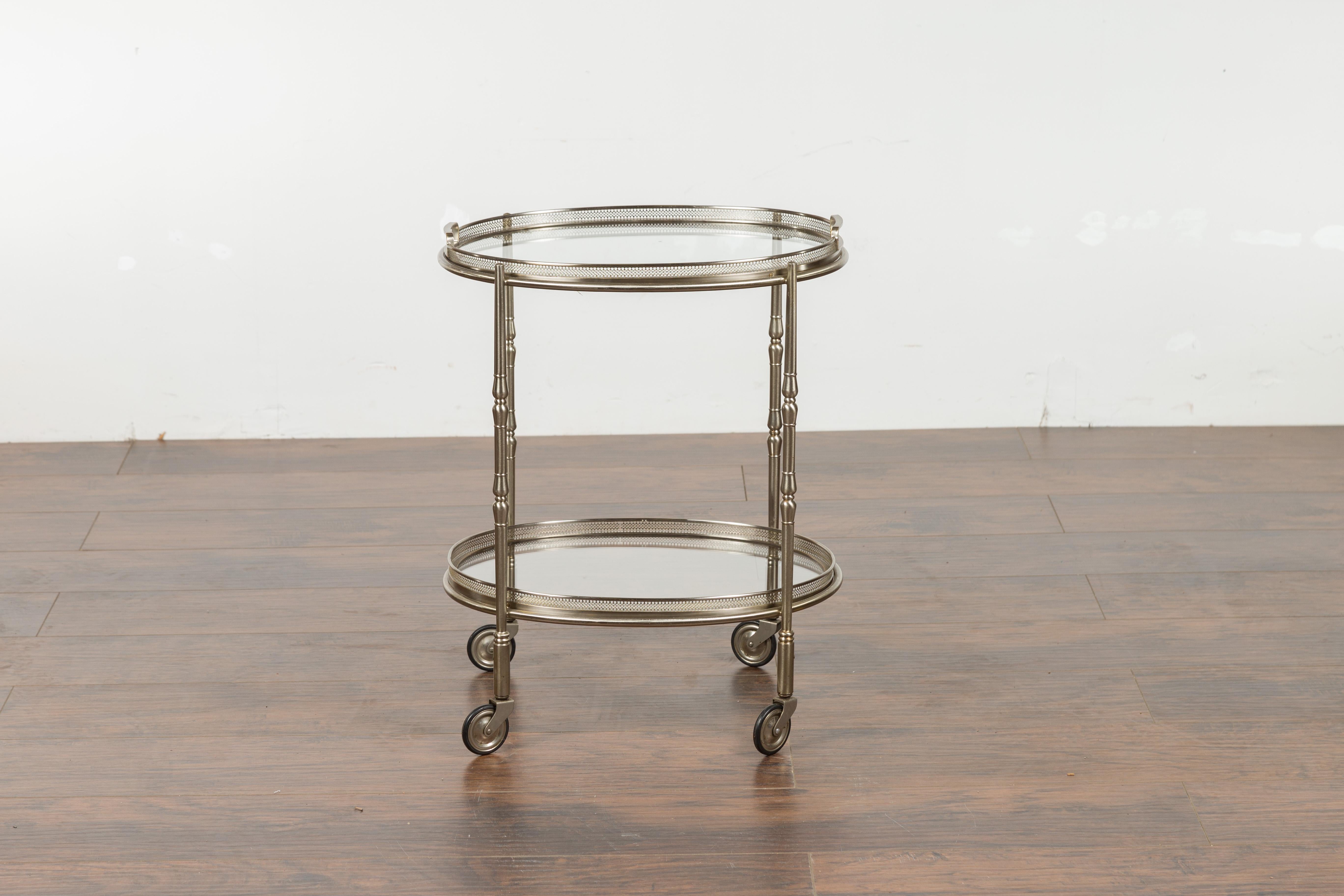 Mid-Century Modern Italian Oval Midcentury Steel Trolley with Pierced Gallery and Mirrored Shelves For Sale