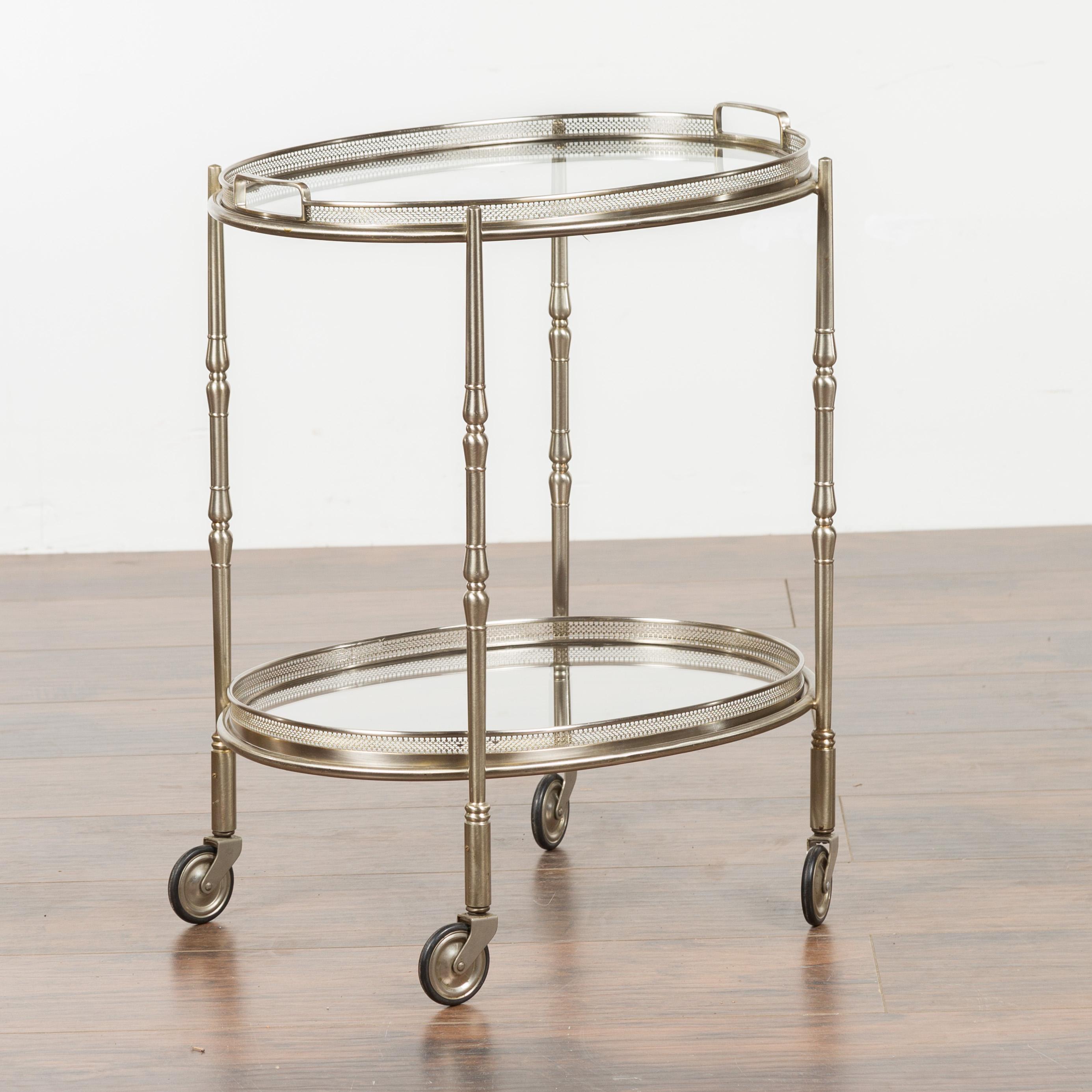 Italian Oval Midcentury Steel Trolley with Pierced Gallery and Mirrored Shelves In Good Condition For Sale In Atlanta, GA