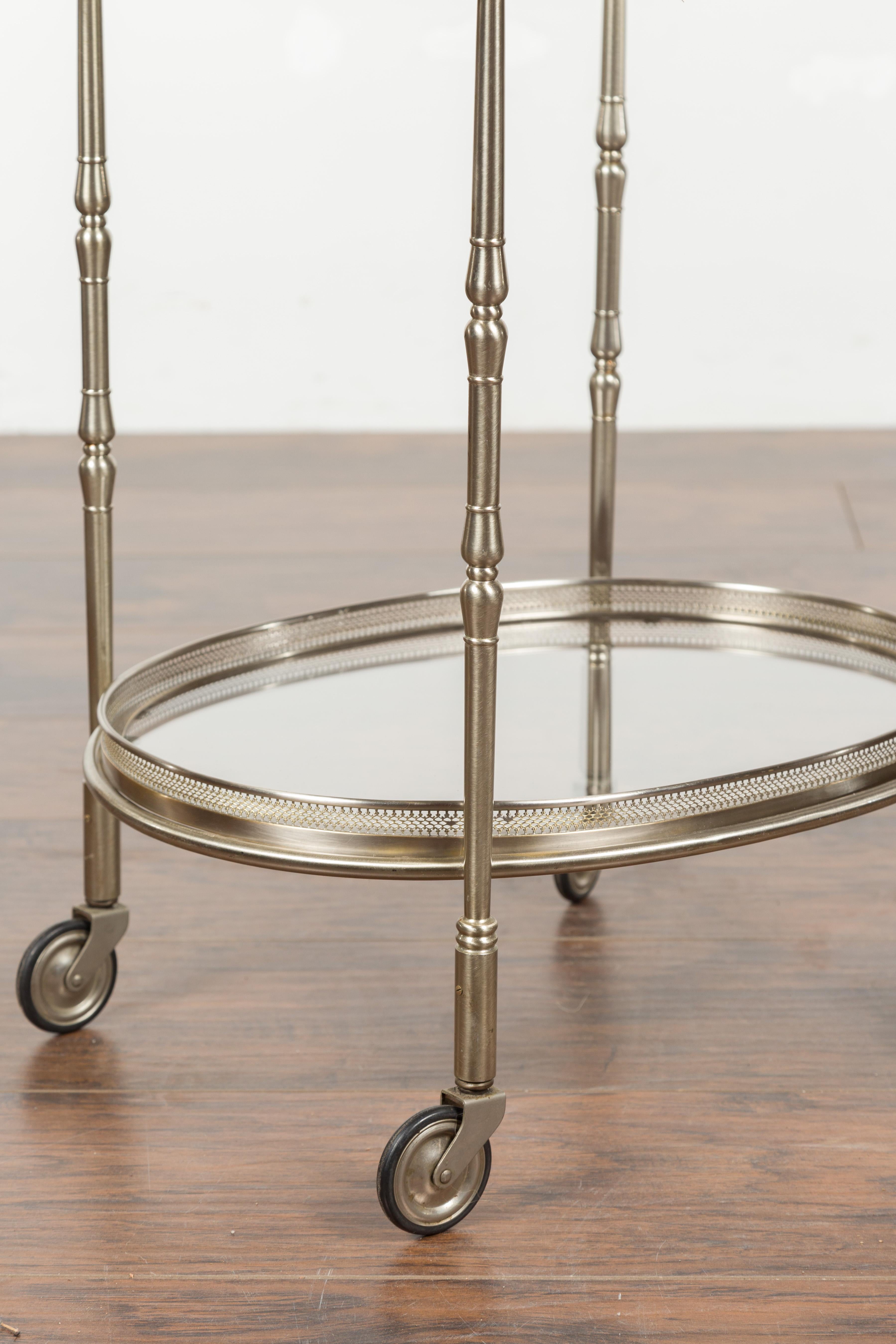 Italian Oval Midcentury Steel Trolley with Pierced Gallery and Mirrored Shelves For Sale 4
