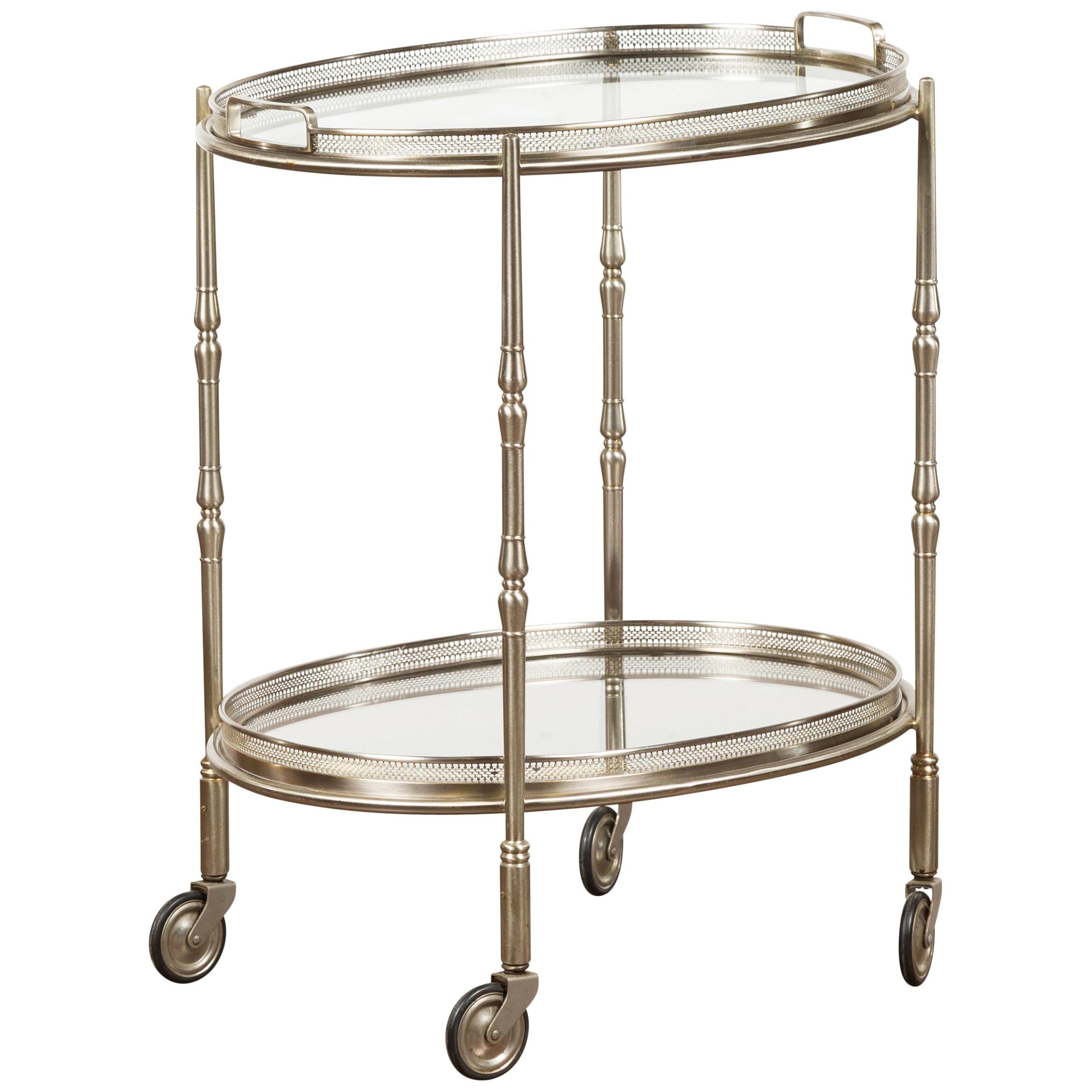 Italian Oval Midcentury Steel Trolley with Pierced Gallery and Mirrored Shelves For Sale