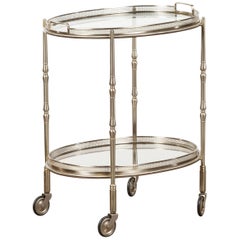 Italian Oval Midcentury Steel Trolley with Pierced Gallery and Mirrored Shelves