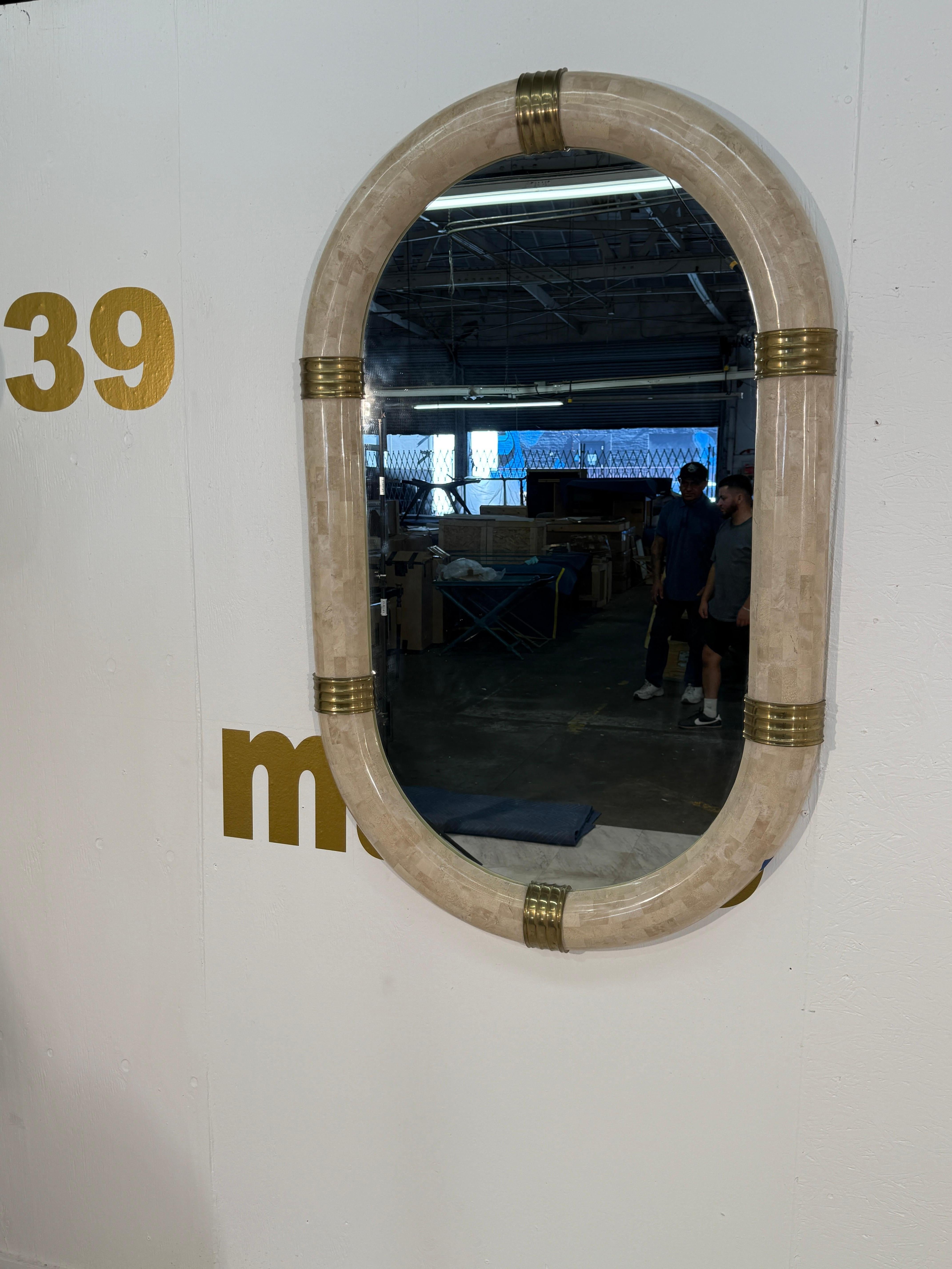 Modern Italian Oval Mirror in Tessellated Stone with Brass Accents, 1980s For Sale