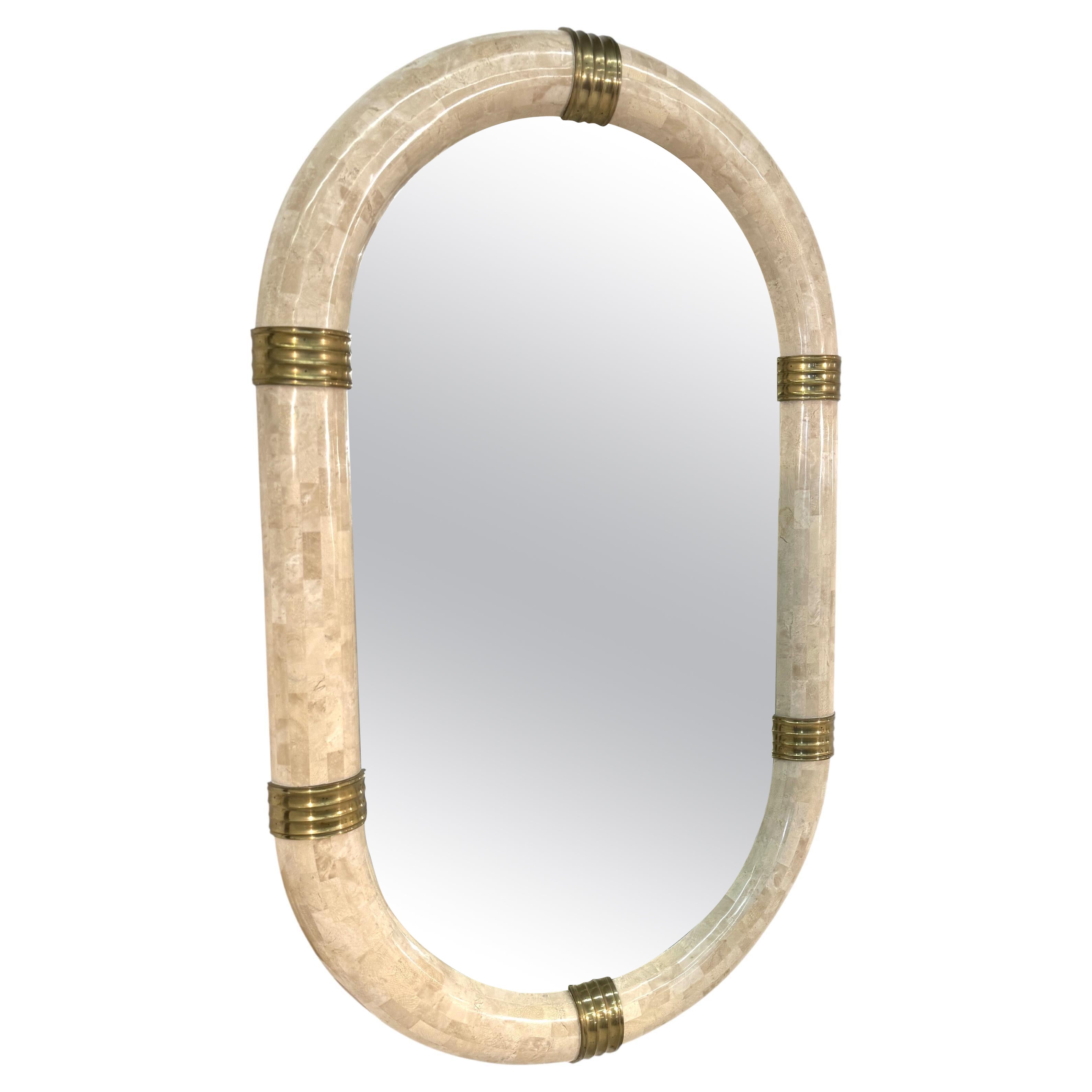 Italian Oval Mirror in Tessellated Stone with Brass Accents, 1980s For Sale