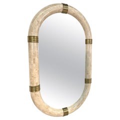 Italian Oval Mirror in Tessellated Stone with Brass Accents, 1980s