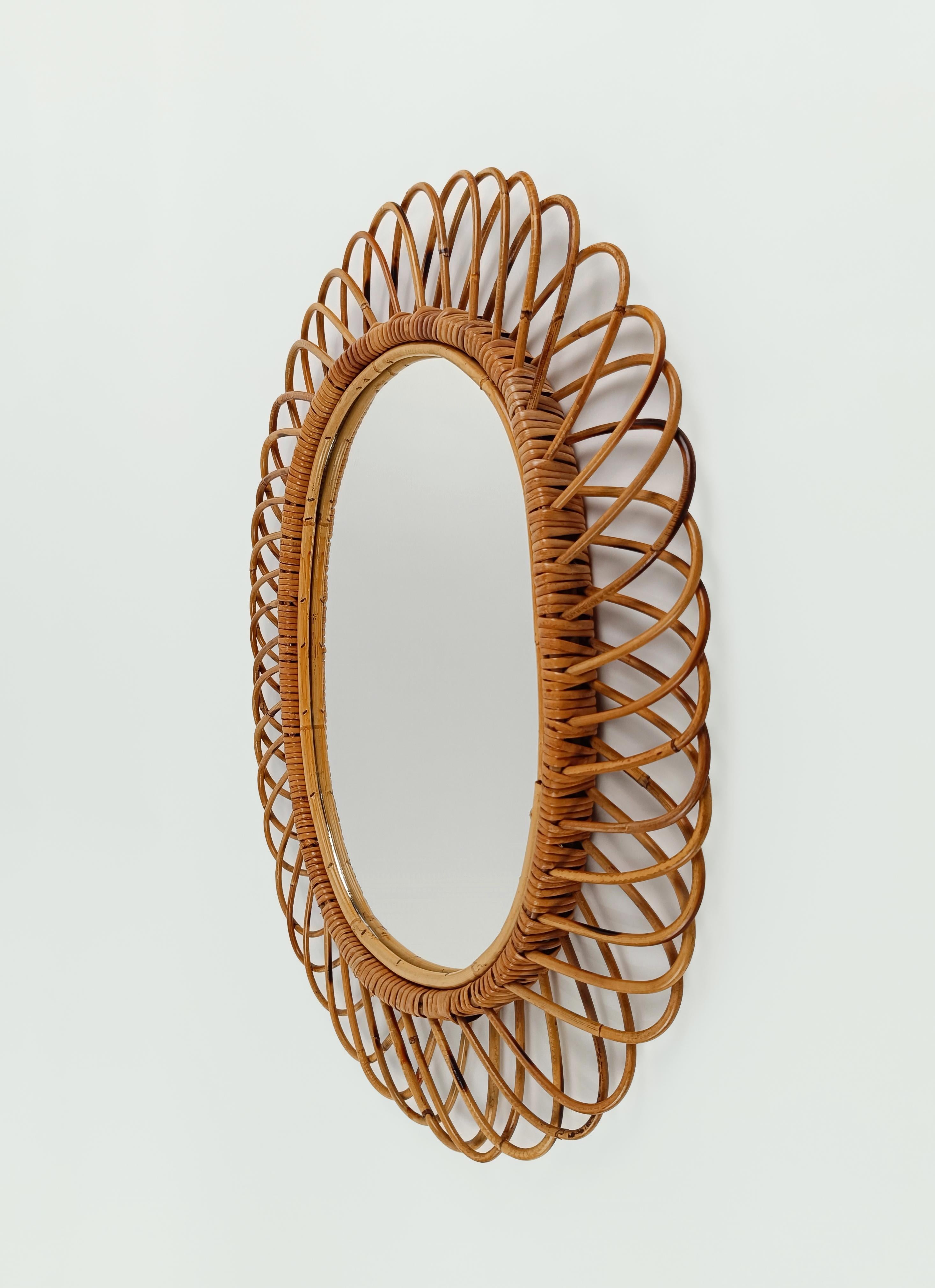 Mid-Century Modern  Italian Oval Mirror made in Bamboo, Cane and Rattan in the Riviera Style 1960s  For Sale