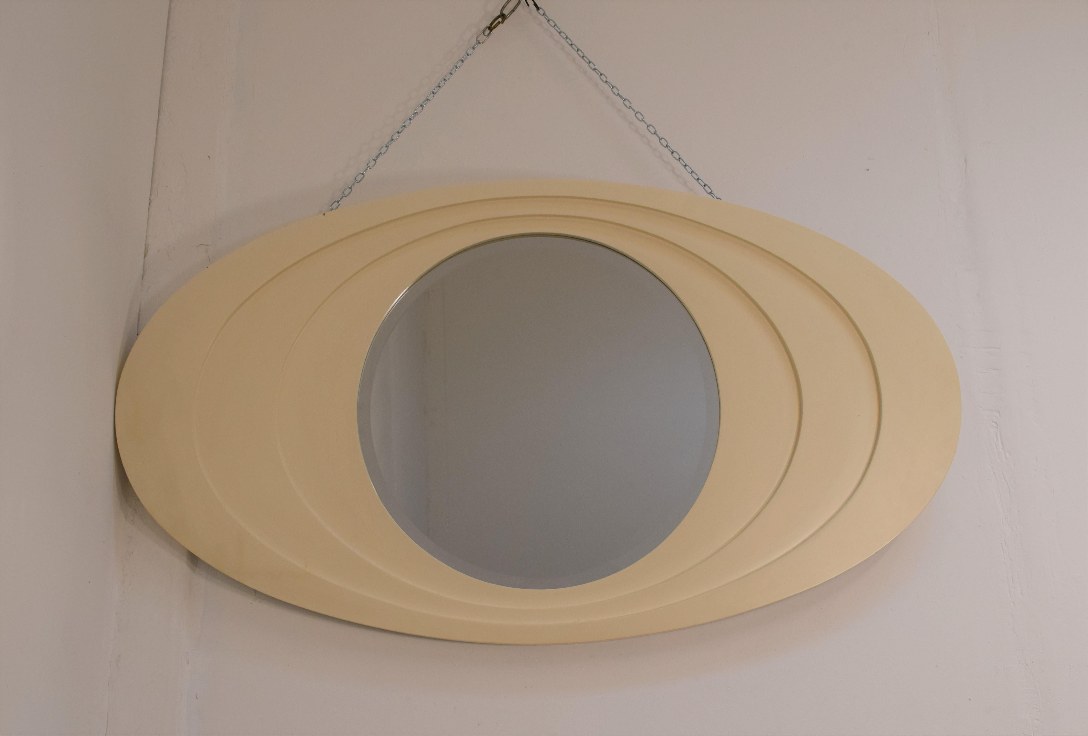 Mid-Century Modern Italian Oval Mirror, Lacquered Wood and Crystal, 1970s