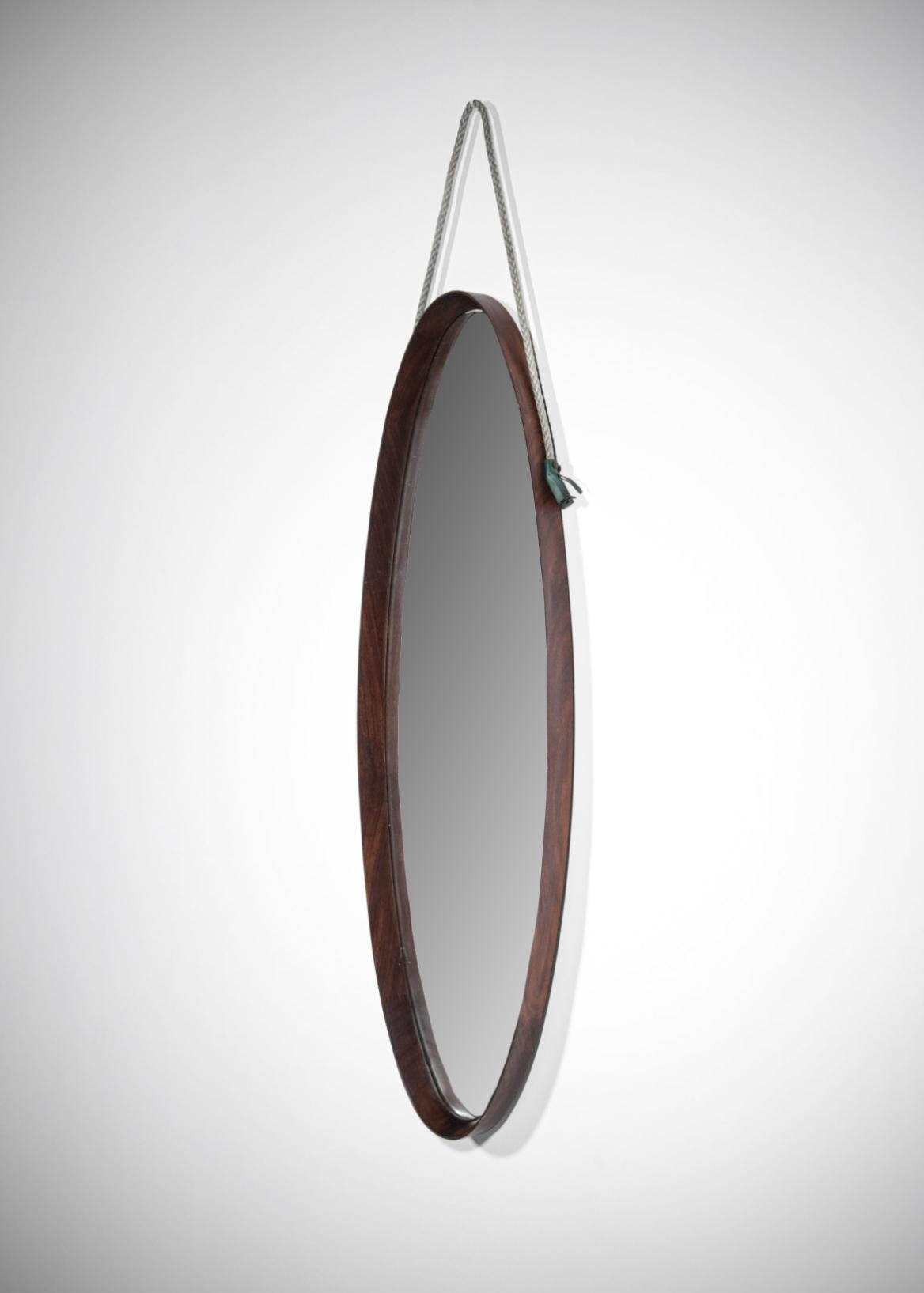 Leather Italian Oval Mirror of the 60s in Teak Vintage Design in Style of Gio Ponti
