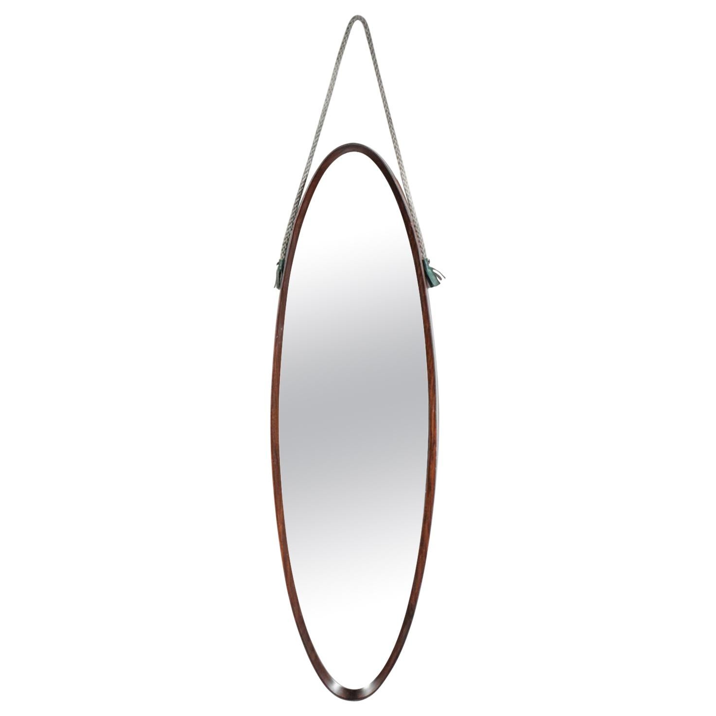 Italian Oval Mirror of the 60s in Teak Vintage Design in Style of Gio Ponti