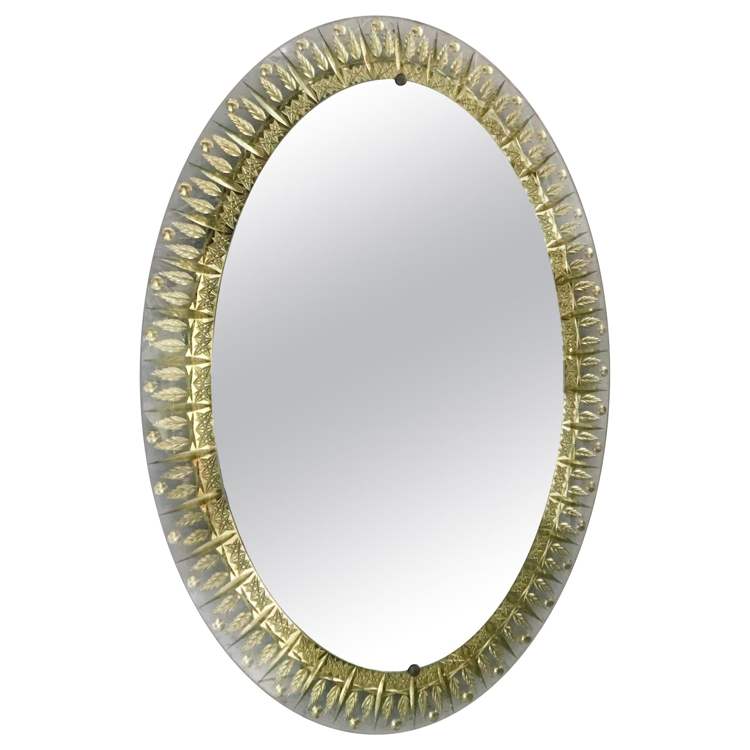 Miroir ovale italien avec verre biseauté transparent et motif feuille d'or, Cristal Arte