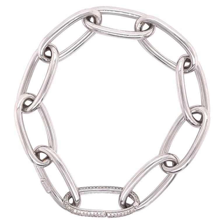 Italian Oval Paperclip Link Bracelet Diamond Clasp 14 Karat White For Sale 1
