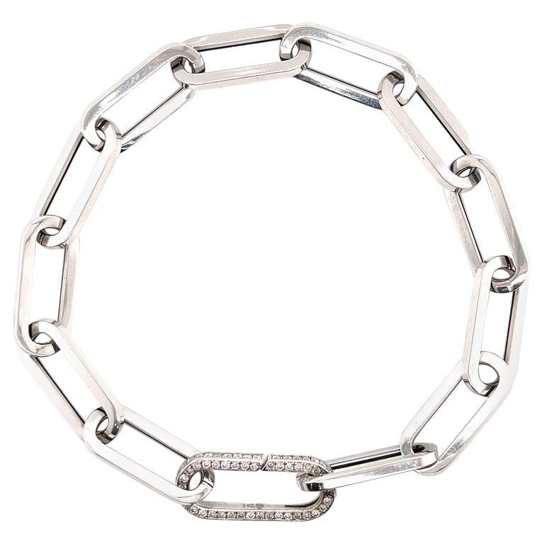 Italian Oval Paperclip Link Bracelet Diamond Clasp 14 Karat White Gold For Sale 1