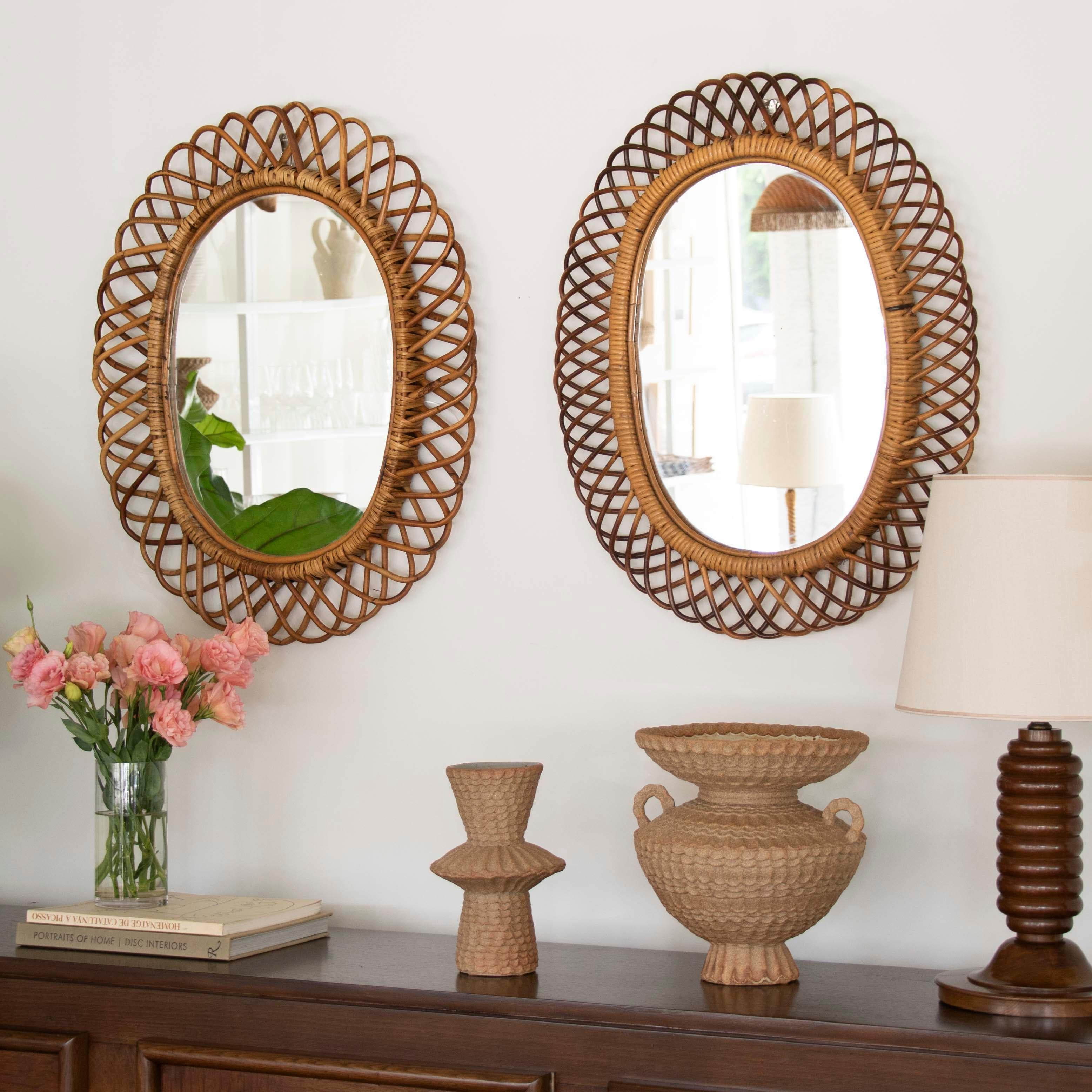Italian Oval Rattan Mirror by Franco Albini In Good Condition In Los Angeles, CA