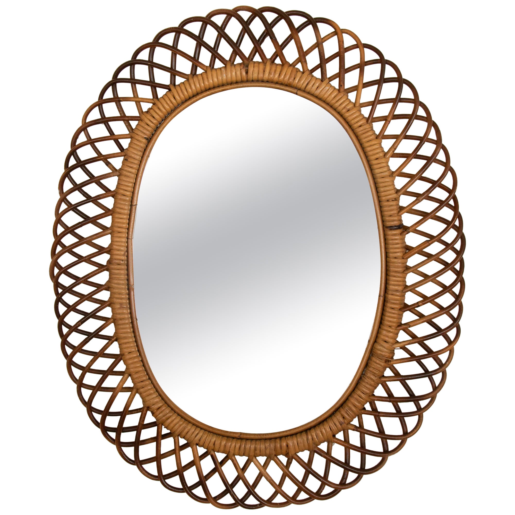 Italian Oval Rattan Mirror by Franco Albini