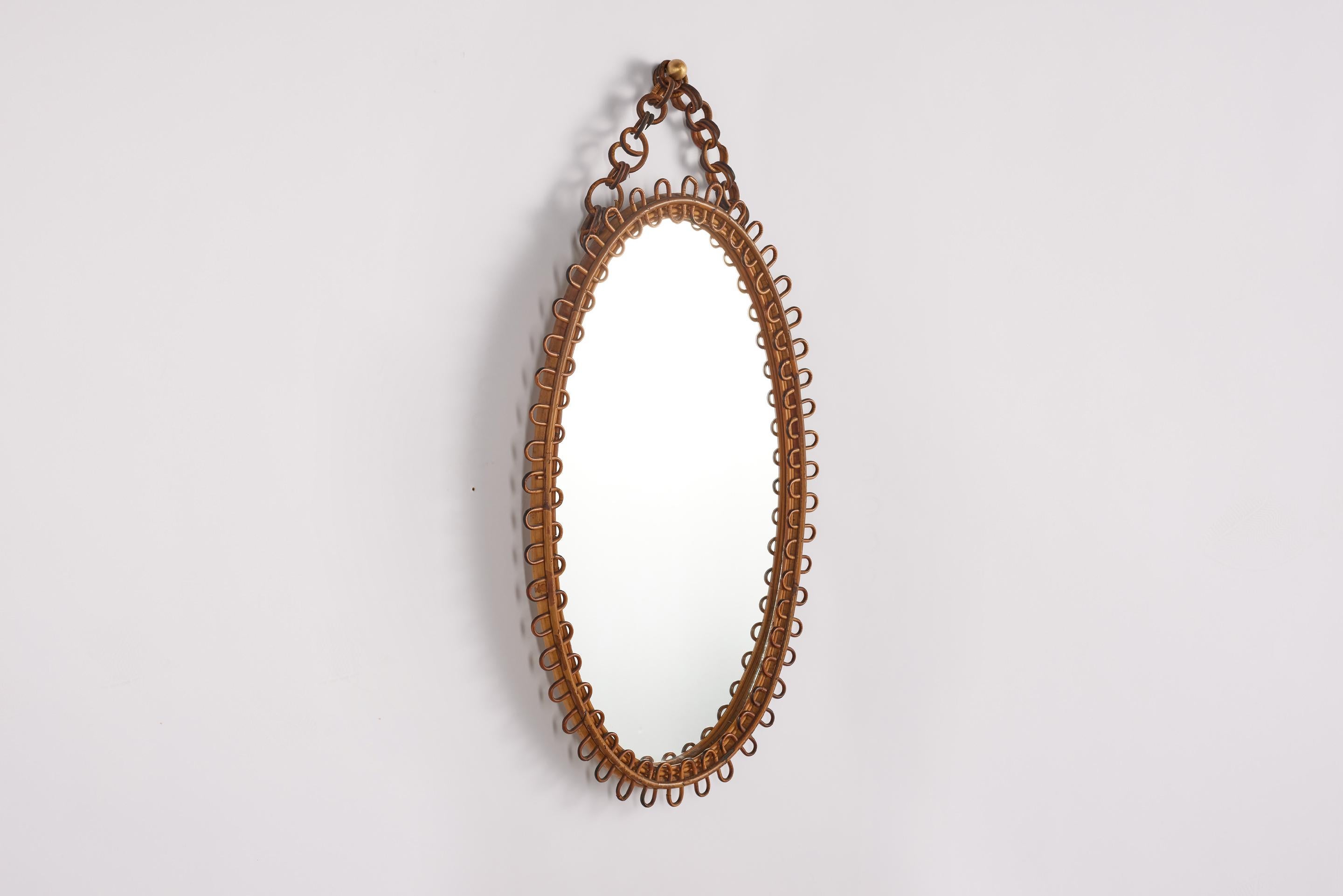 Italian Oval Rattan Mirror In Good Condition In Beverly Hills, CA