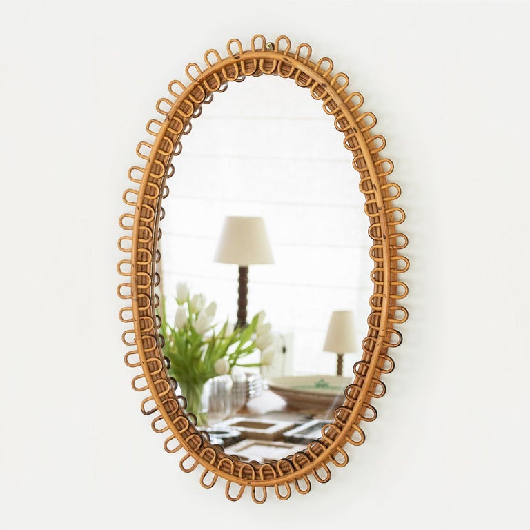 Italian Oval Rattan Mirror For Sale at 1stDibs