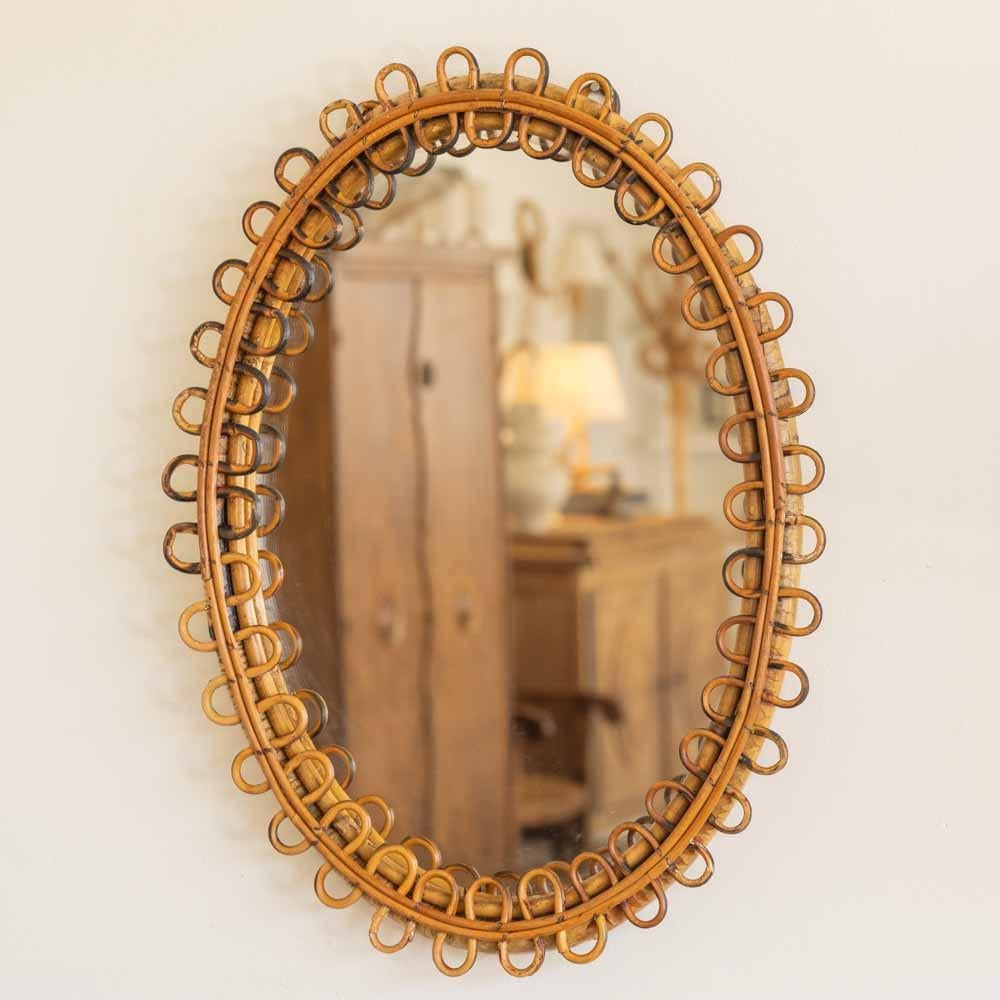 20th Century Italian Oval Rattan Mirror For Sale