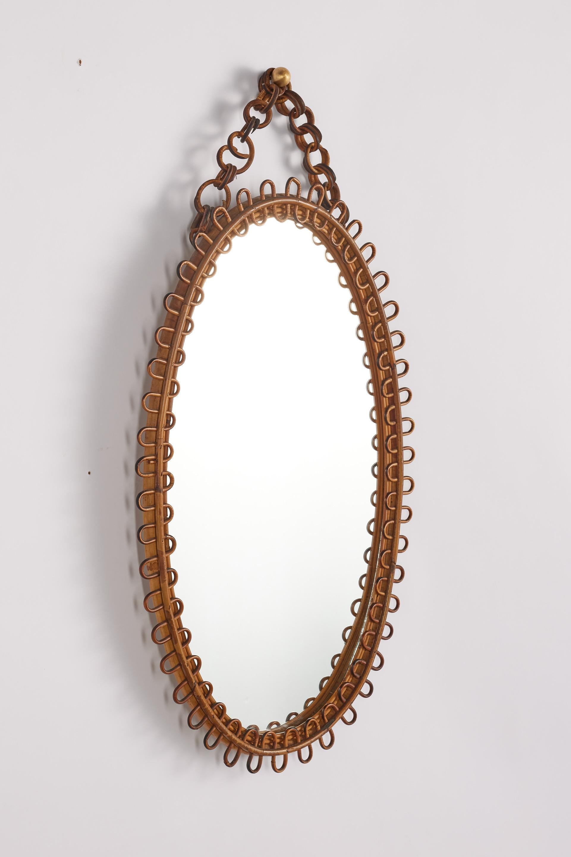 Mid-20th Century Italian Oval Rattan Mirror
