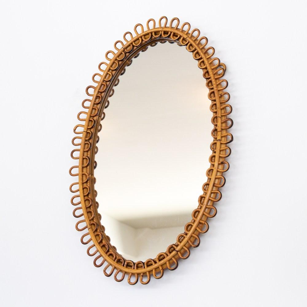 Italian Oval Rattan Mirror For Sale 1