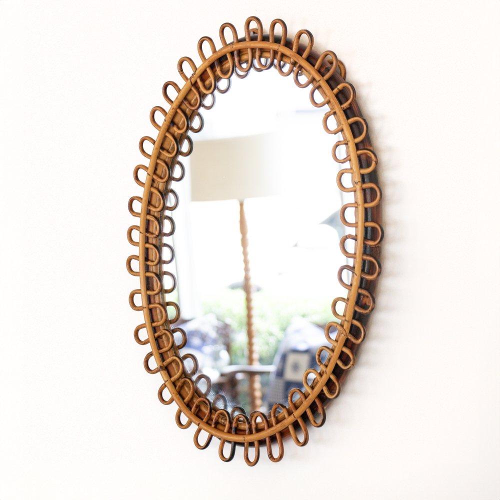 Italian Oval Rattan Mirror For Sale 2
