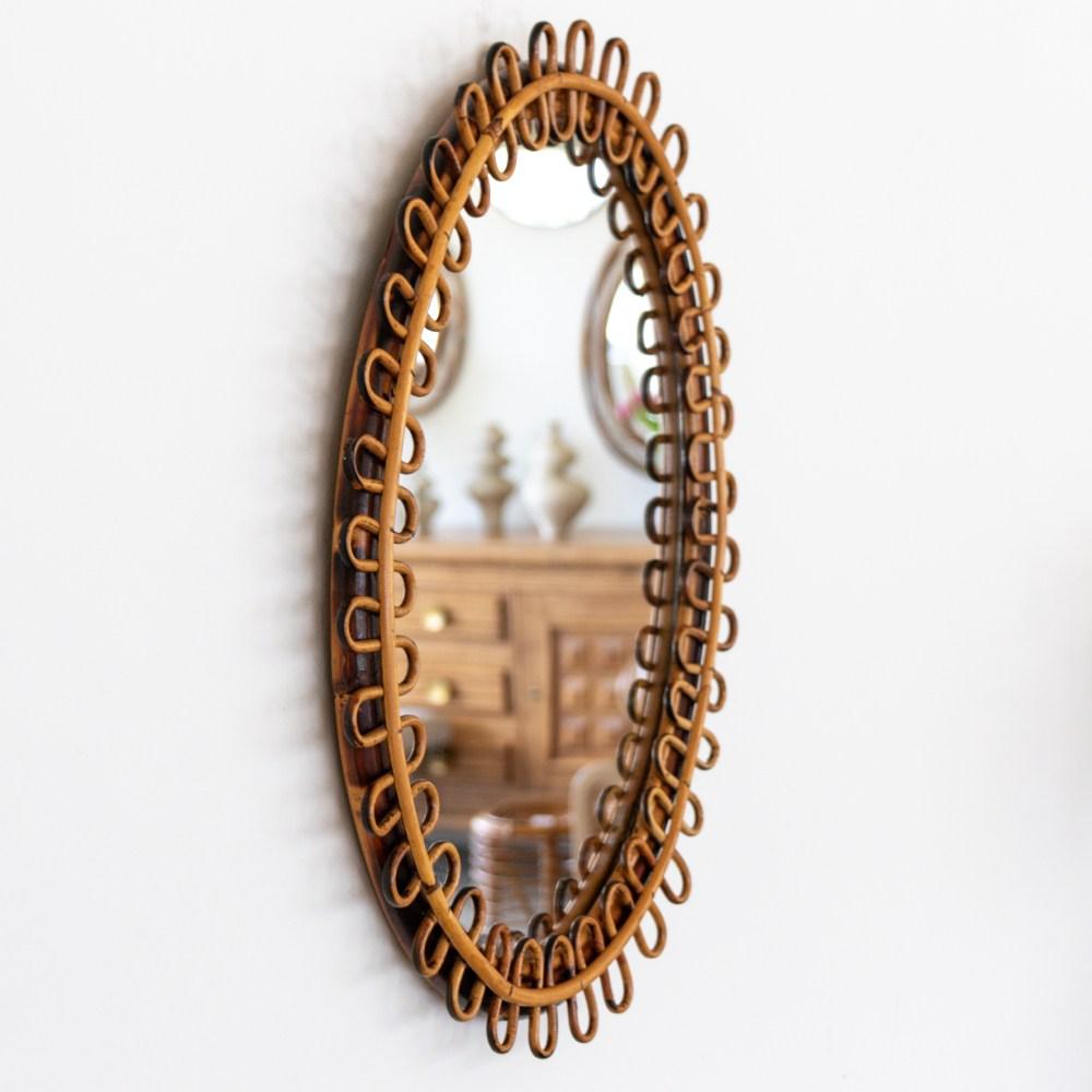 Italian Oval Rattan Mirror For Sale 3