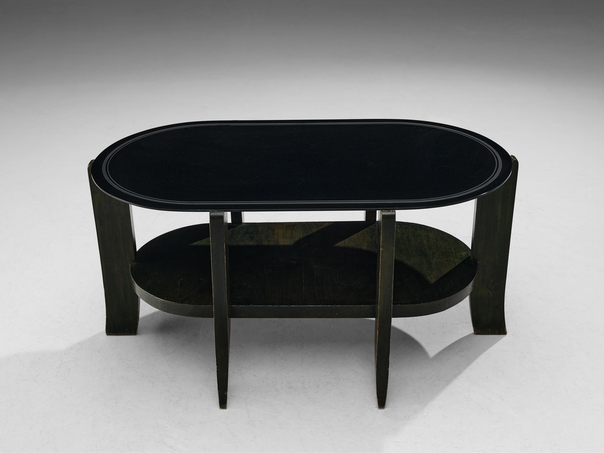 Mid-20th Century Italian Art Deco Oval Shaped Coffee Table in Green Stained Wood and Black Glass
