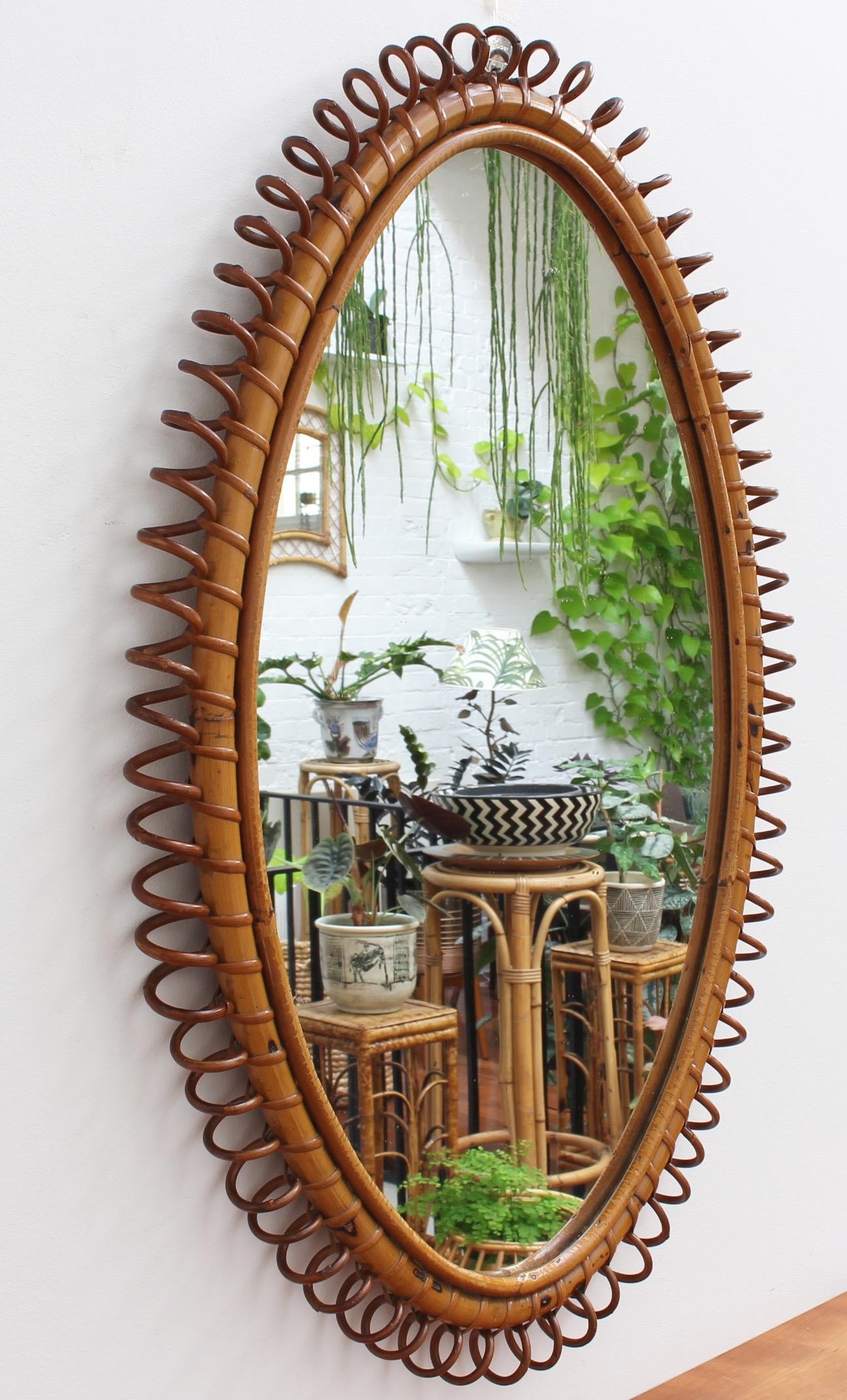 Mid-Century Modern Italian Oval-Shaped Rattan Wall Mirror, circa 1960s