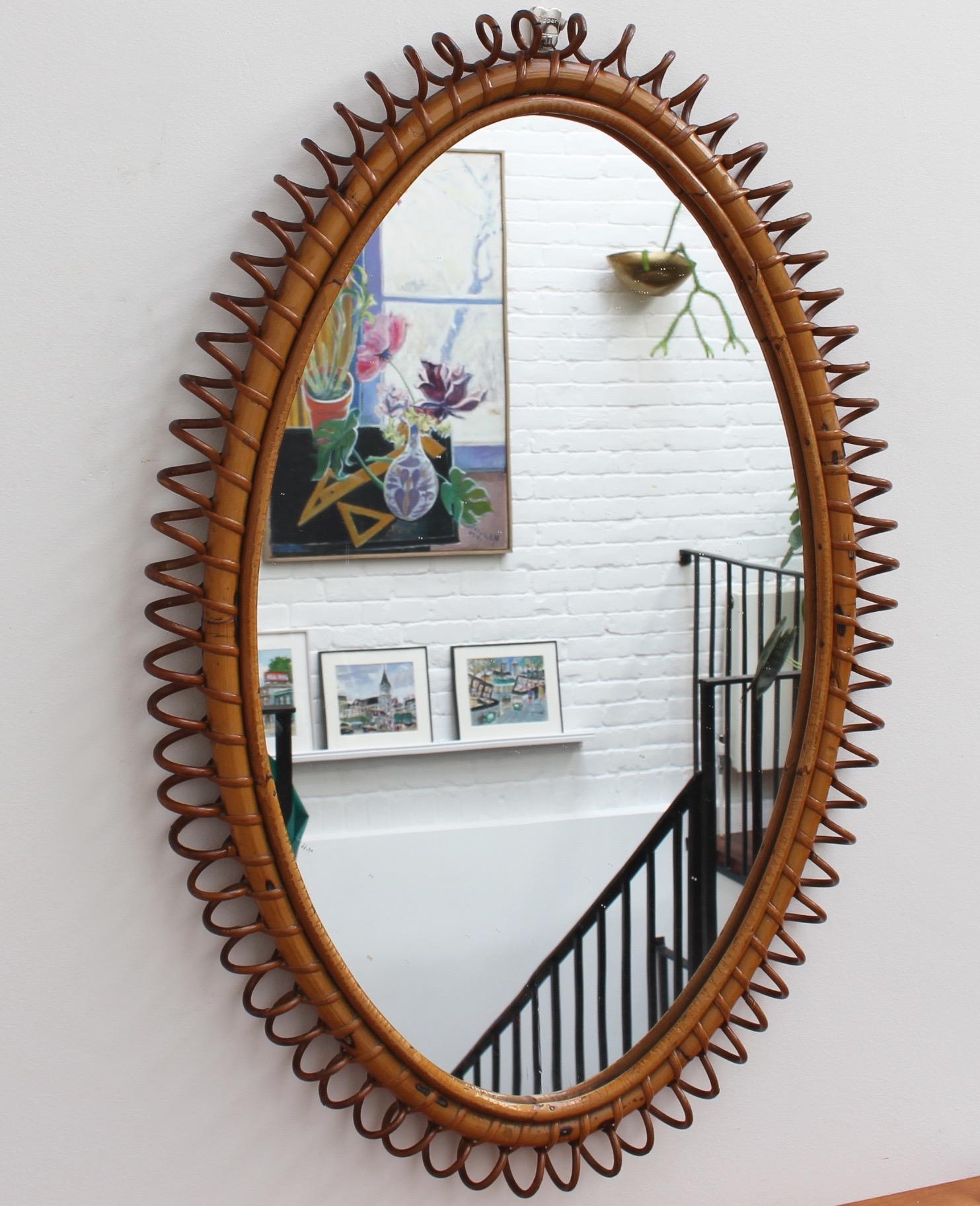 Mid-20th Century Italian Oval-Shaped Rattan Wall Mirror, circa 1960s