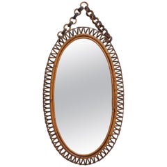 Vintage Italian Oval-Shaped Rattan Wall Mirror with Hanging Chain 'circa 1960s'