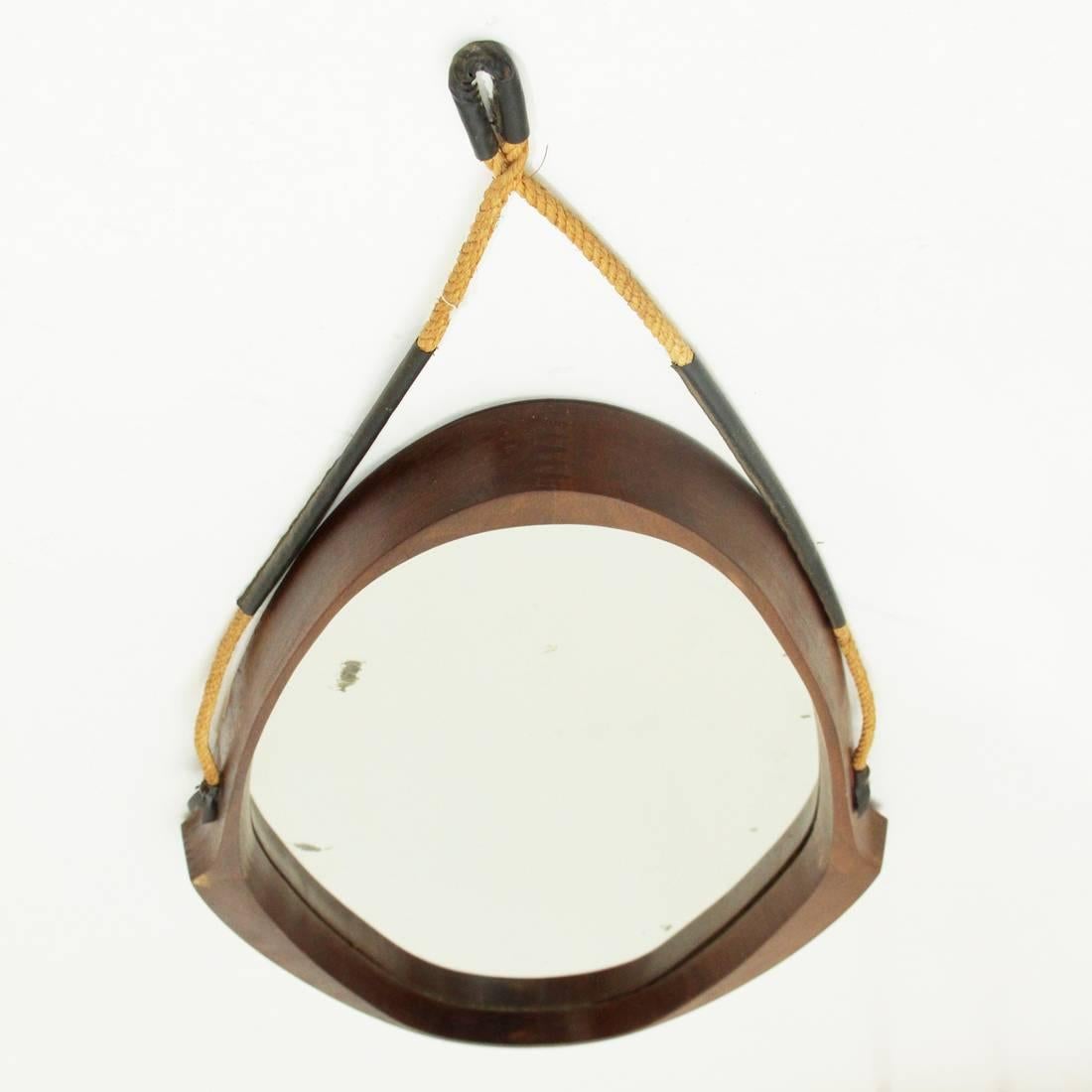 Mid-Century Modern Italian Oval Teak Frame Mirror, 1950s