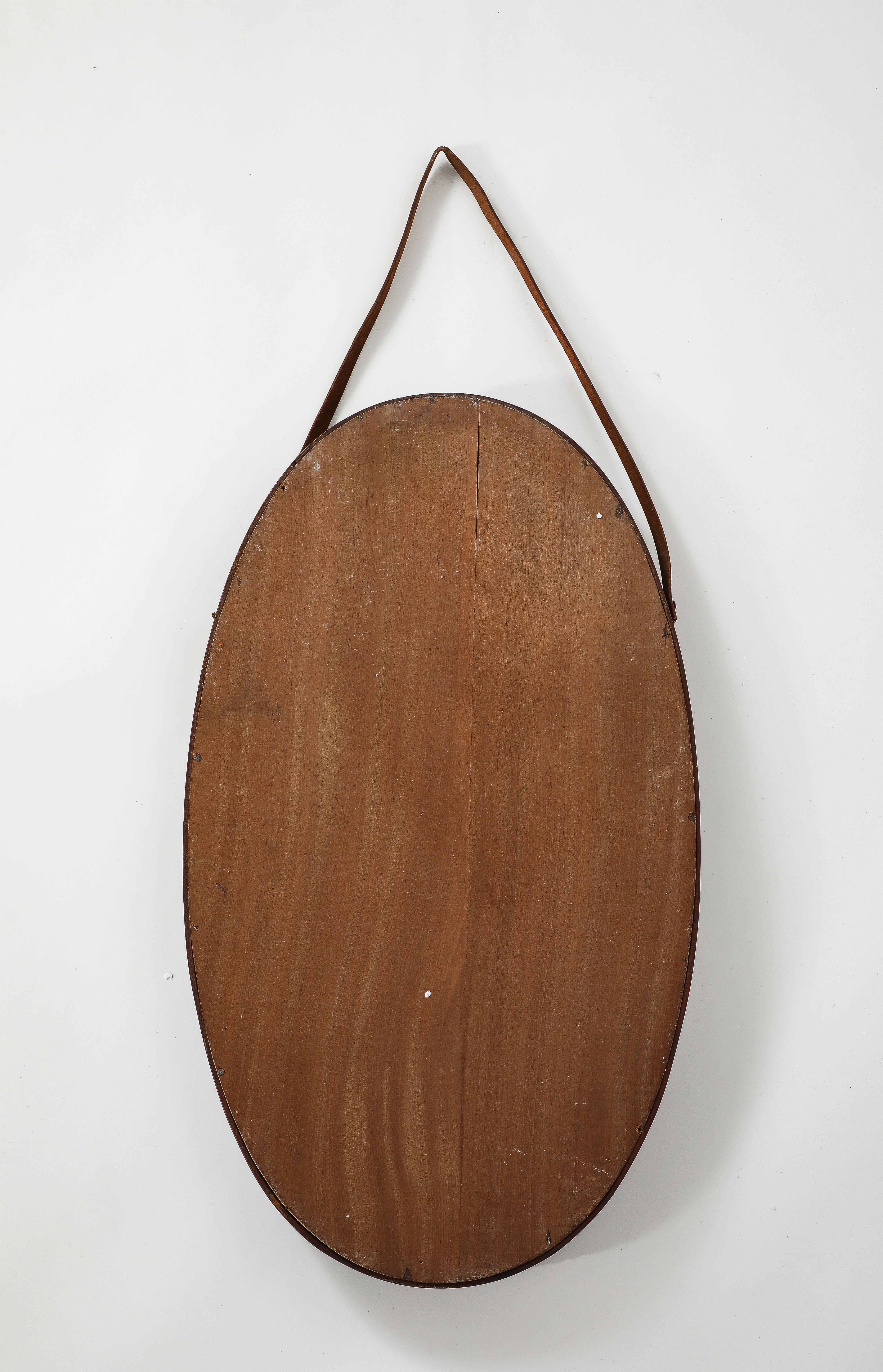 Italian Oval Teak Wall Mirror with Leather Strap, Italy, circa 1950  For Sale 5