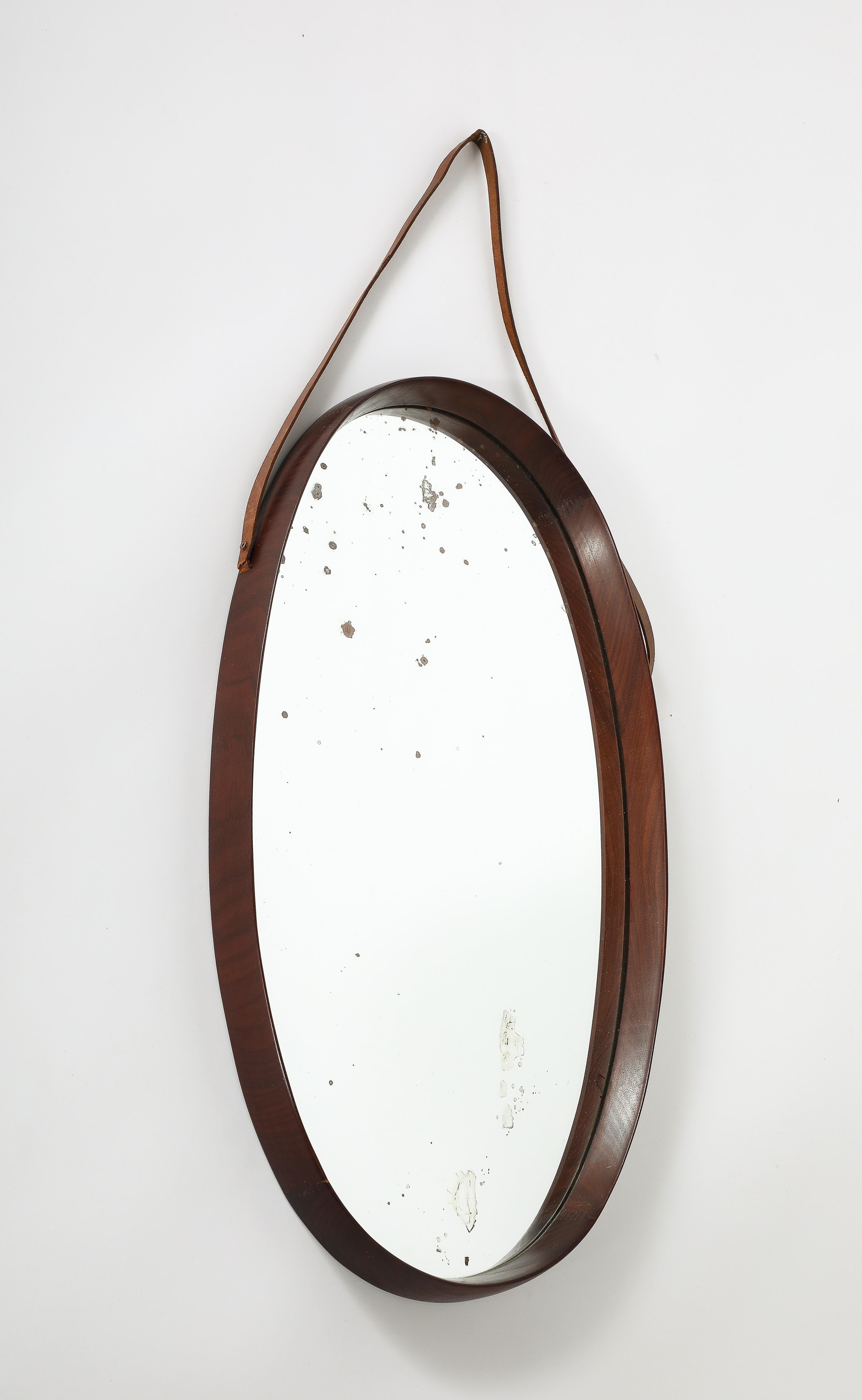 Mid-20th Century Italian Oval Teak Wall Mirror with Leather Strap, Italy, circa 1950  For Sale