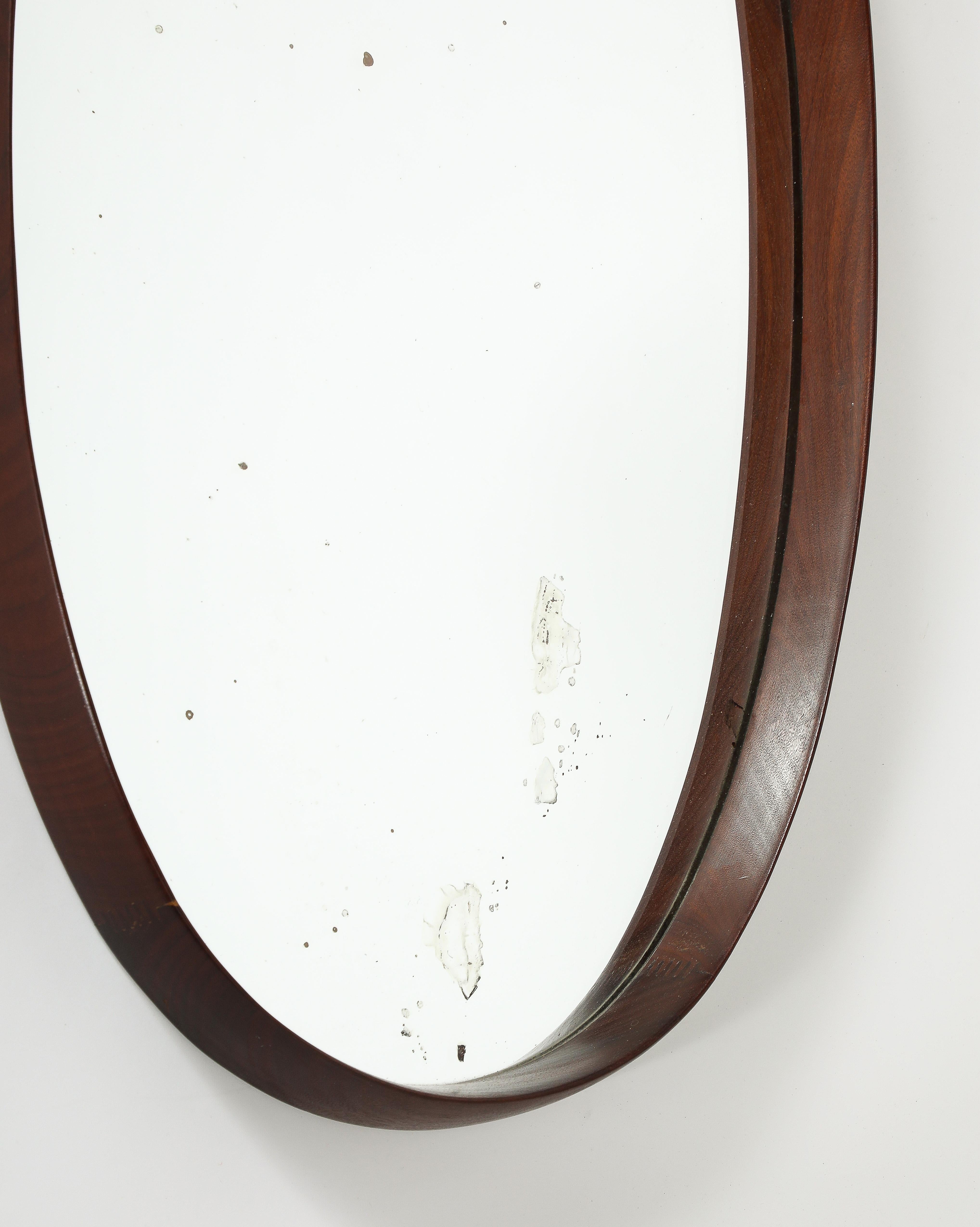 Italian Oval Teak Wall Mirror with Leather Strap, Italy, circa 1950  For Sale 1