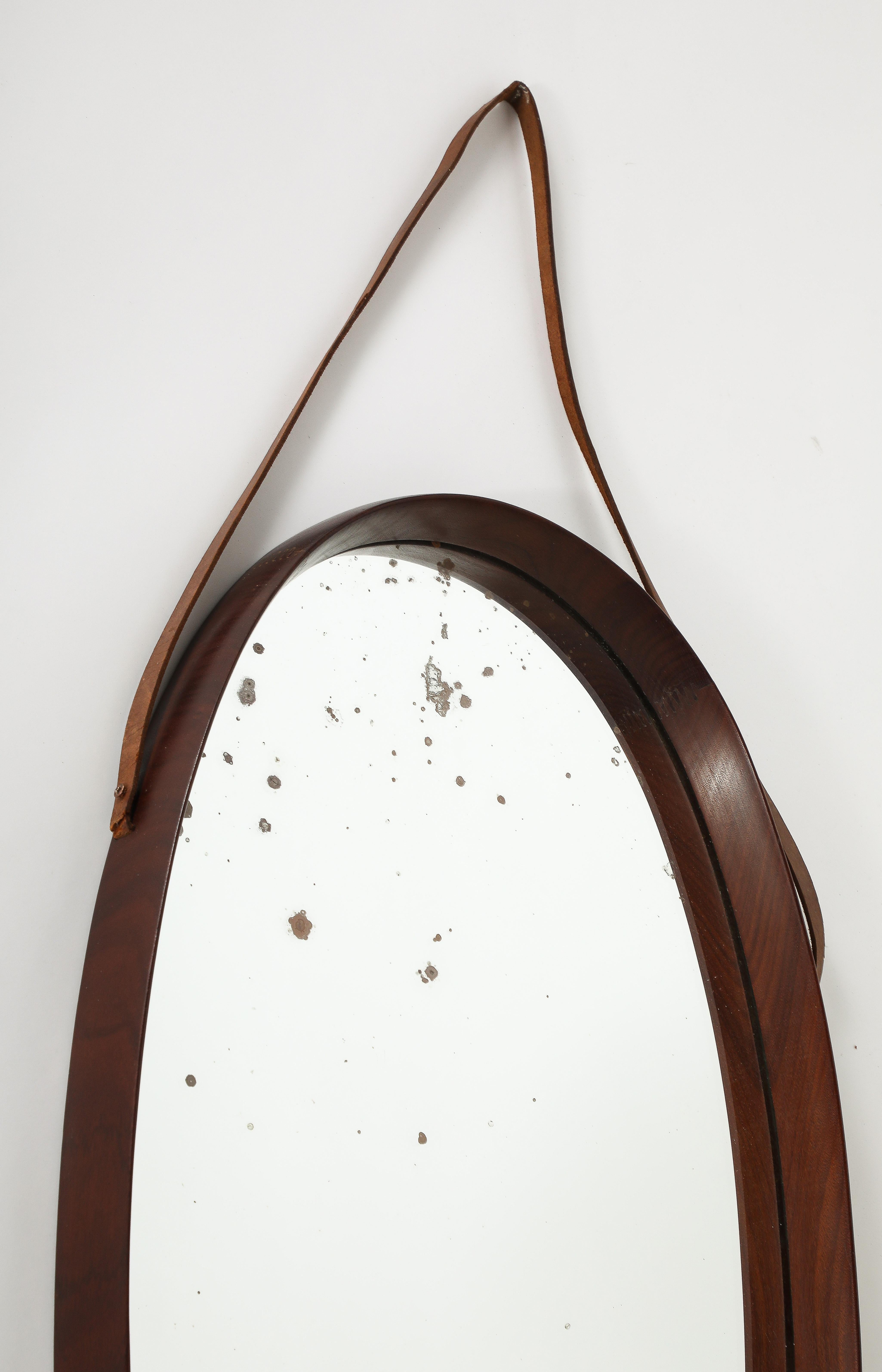 Italian Oval Teak Wall Mirror with Leather Strap, Italy, circa 1950  For Sale 2